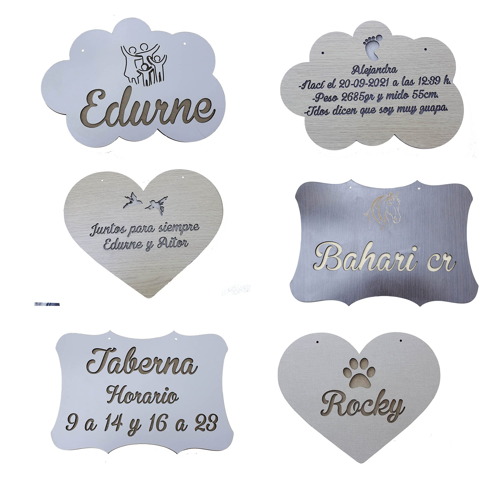 Placa Cartel Decorativo de Madera para Personalizar, con diferentes formas, modelos, colores, frases e imagen/motivo para regalos originales y únicos. Nacimiento bebé, Perros, Gatos, Enamorados.