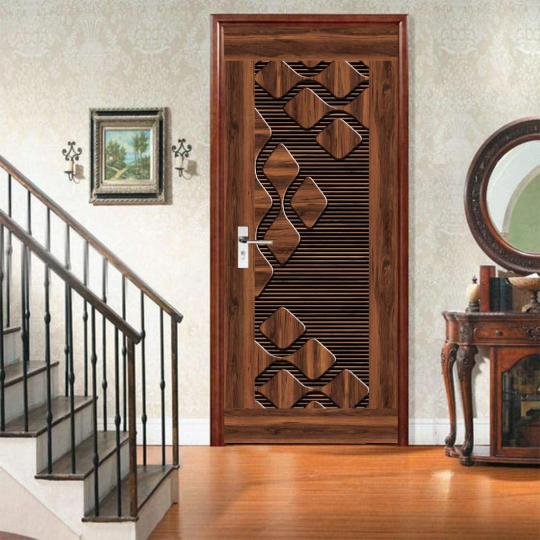 Modern 3D Floral Wooden Door Sticker | Luxury Decorative PVC Door Wallpaper | Waterproof Self-Adhesive Door Wall Mural for Living Room, Bedroom & Home Décor (36)-image-29