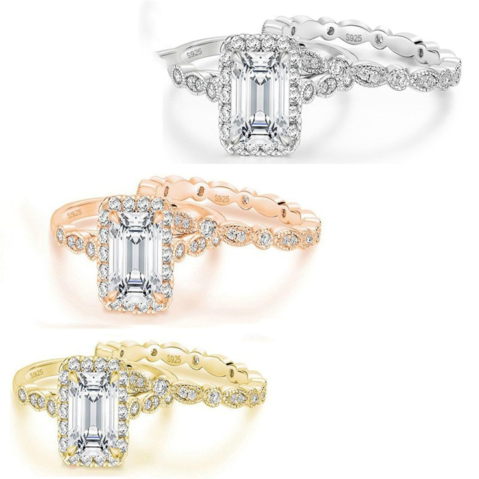 Set di fedi nuziali da donna, anelli di fidanzamento in argento 925, con zirconi, anelli impilabili, anelli nuziali da donna, anelli nuziali in argento e oro rosa