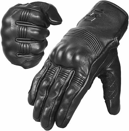 Guantes de cuero para motocicleta para hombres y mujeres, para pantalla táctil, dedo completo, guantes de cuero de cabra con nudillos duros (sin