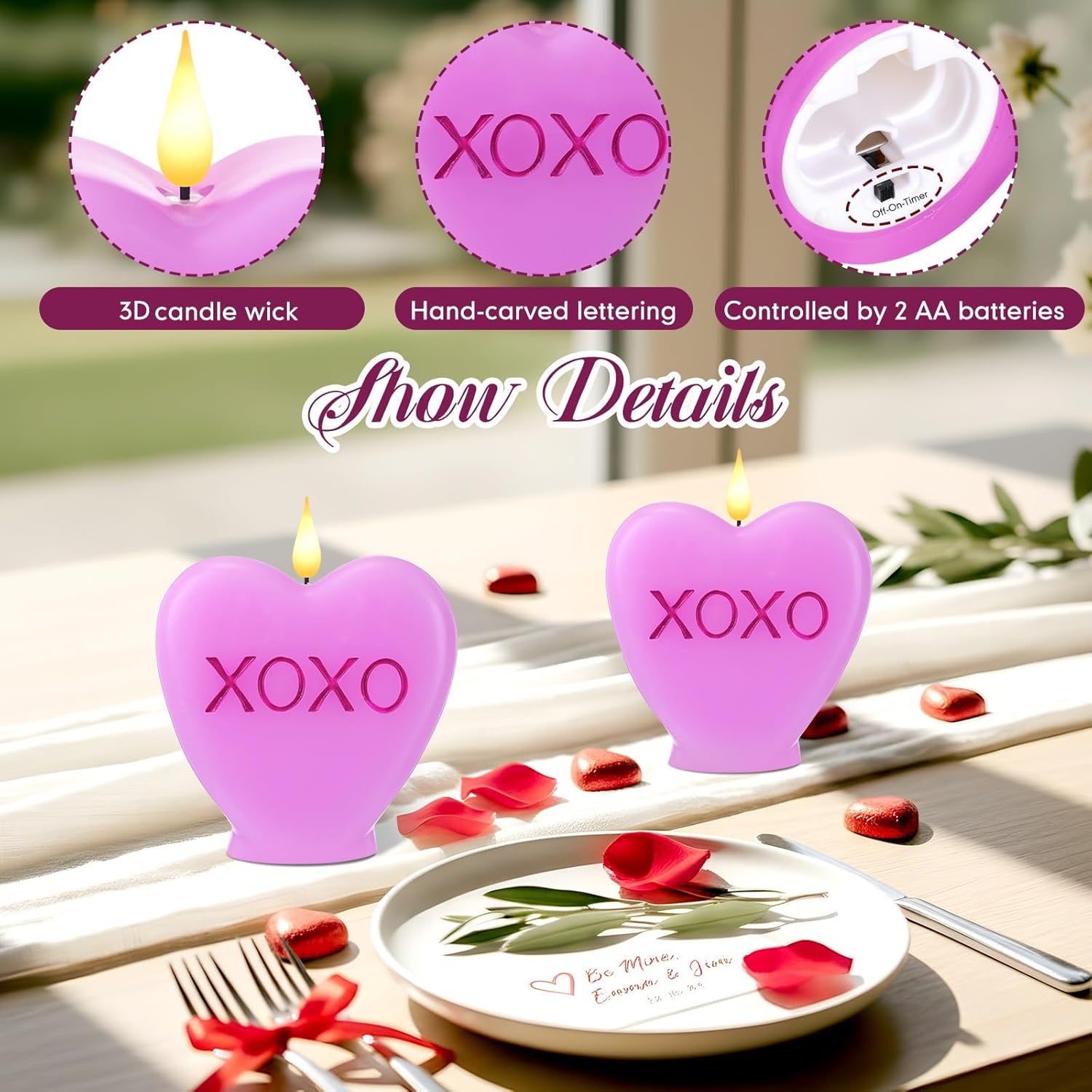 Retisee 2 Pcs Valentines Day Flameless Heart Shaped LED Candles Candy Heart XOXO Candle Romantic Valentine Collection Decor Battery Operated with Remote Handmade for Wedding Anniversary,5.12 Inch