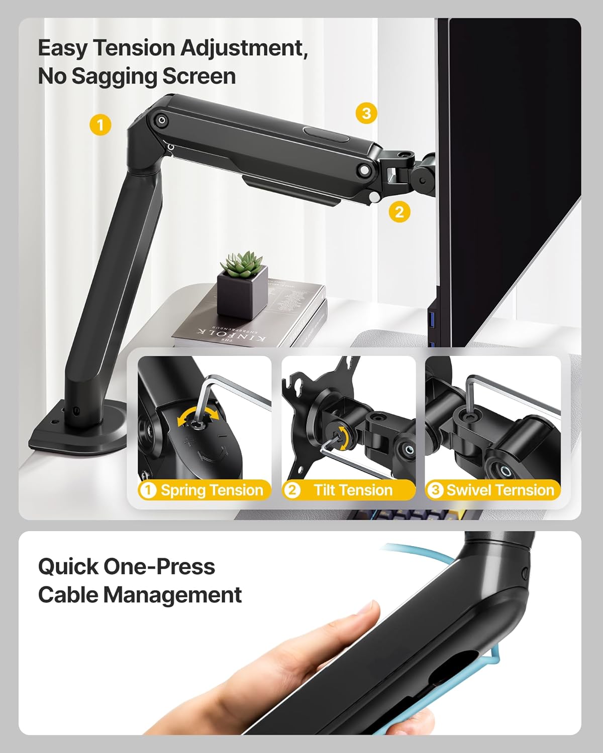 monTEK Single Monitor Arm Mount for 17-32 Inch Screens, Heavy Duty Steel Mechanical Spring Desk Monitor Stand, Full Motion Adjustable Monitor Arm with Clamp & Grommet, VESA 75/100, Holds up to 20lbs