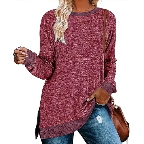 WELINCO Womens Crewneck Pullovers Color Block Long Sleeve Side Split Tunic Tops