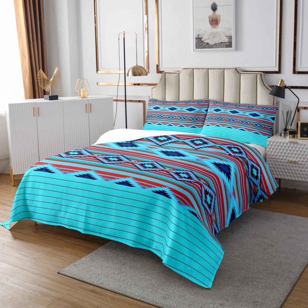 Loussiesd Southwestern zestaw narzut geometryczna pikowana narzuta dla dzieci chłopców dziewcząt wystrój pokoju plemienny pikowana narzuta pojedynczy rdzenny Amerykanin design niebieski pikowany