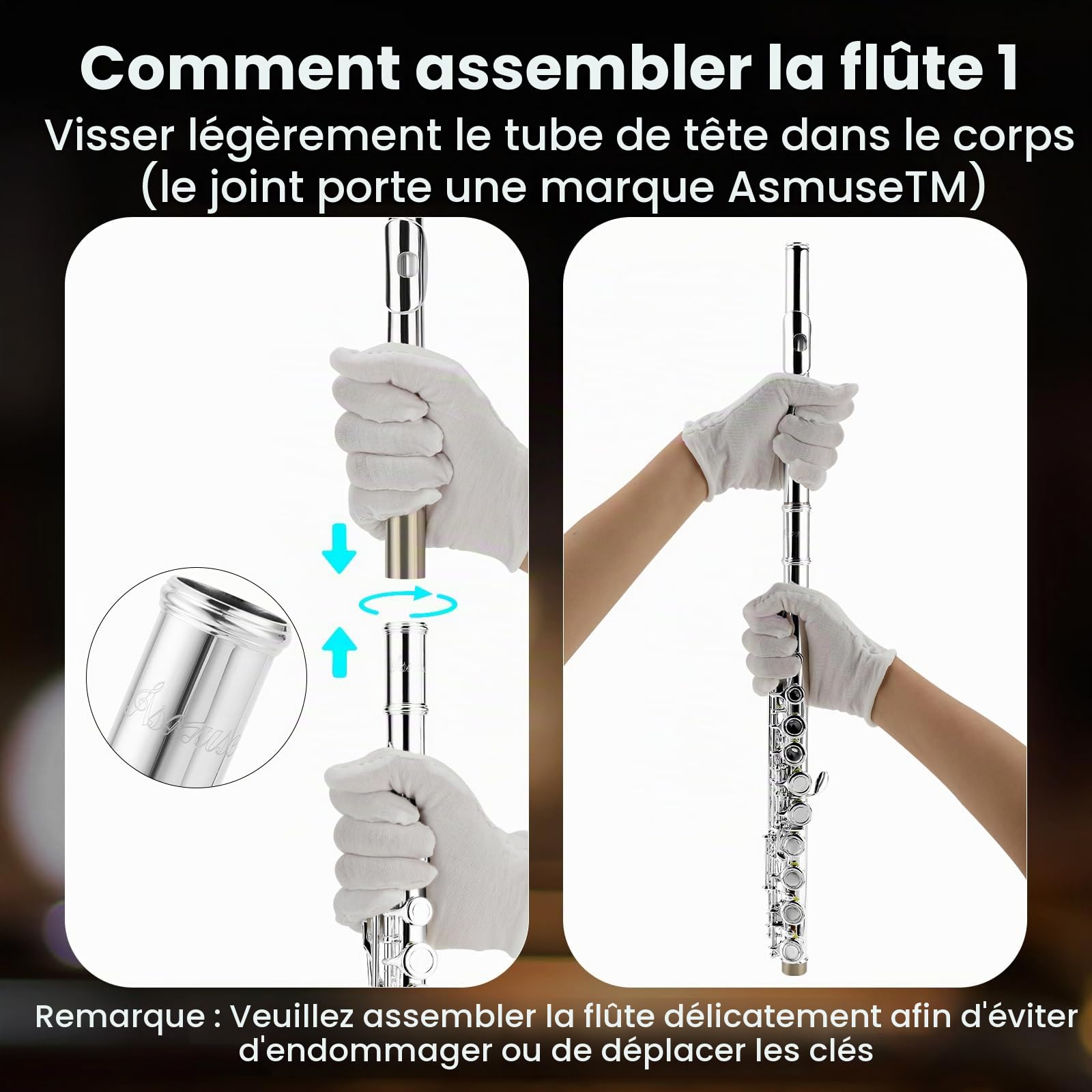 Asmuse Flûte Traversière Ensemble Argent-Nickel Plaqué(e)16 Trous C Key Flûte Instrument de Musique avec Etui de Transport, Chiffon et Gants Propres pour Débutants