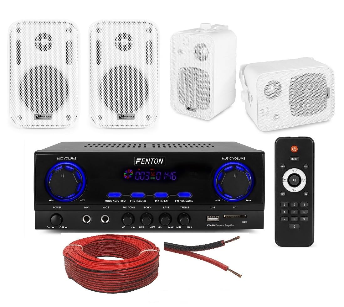 KIT AUDIO FILODIFFUSIONE CON 4 CASSE BIANCHE O NERE + TELECOMANDO+50 METRI DI CAVO (CON 4 CASSE BIANCHE)