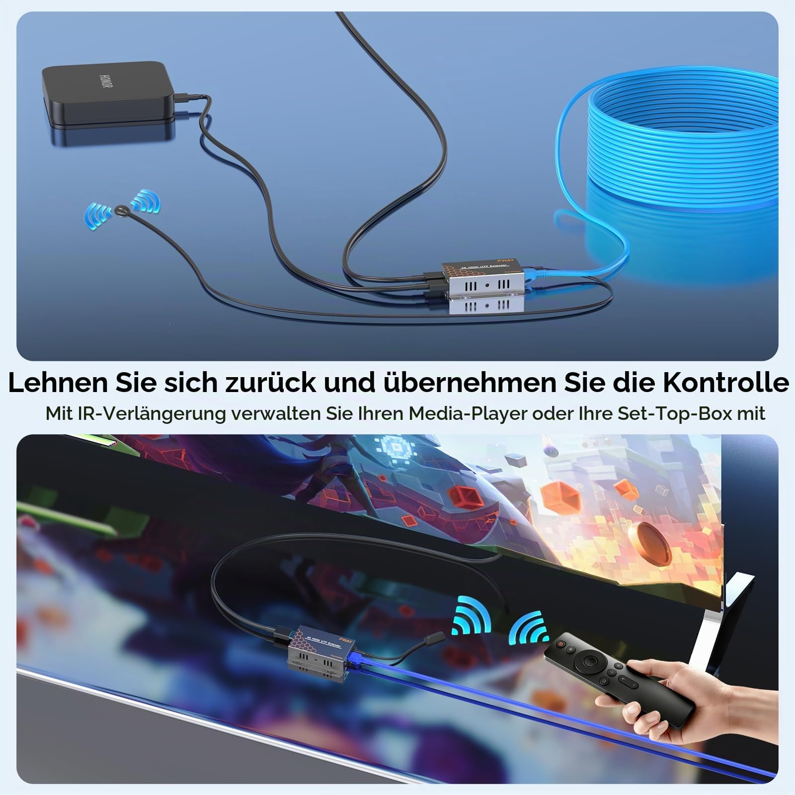 PWAY HDMI Extender 4K, Over Cat5e/6/7 Ethernet HDMI 40m 4K@30Hz mit Loop Out & IR Rückführung, HDMI Verlängerung über Cat6 Kabel, Plug & Play, Kompatibel mit PC TV Monitor Beamer PS4 PS5 Xbox