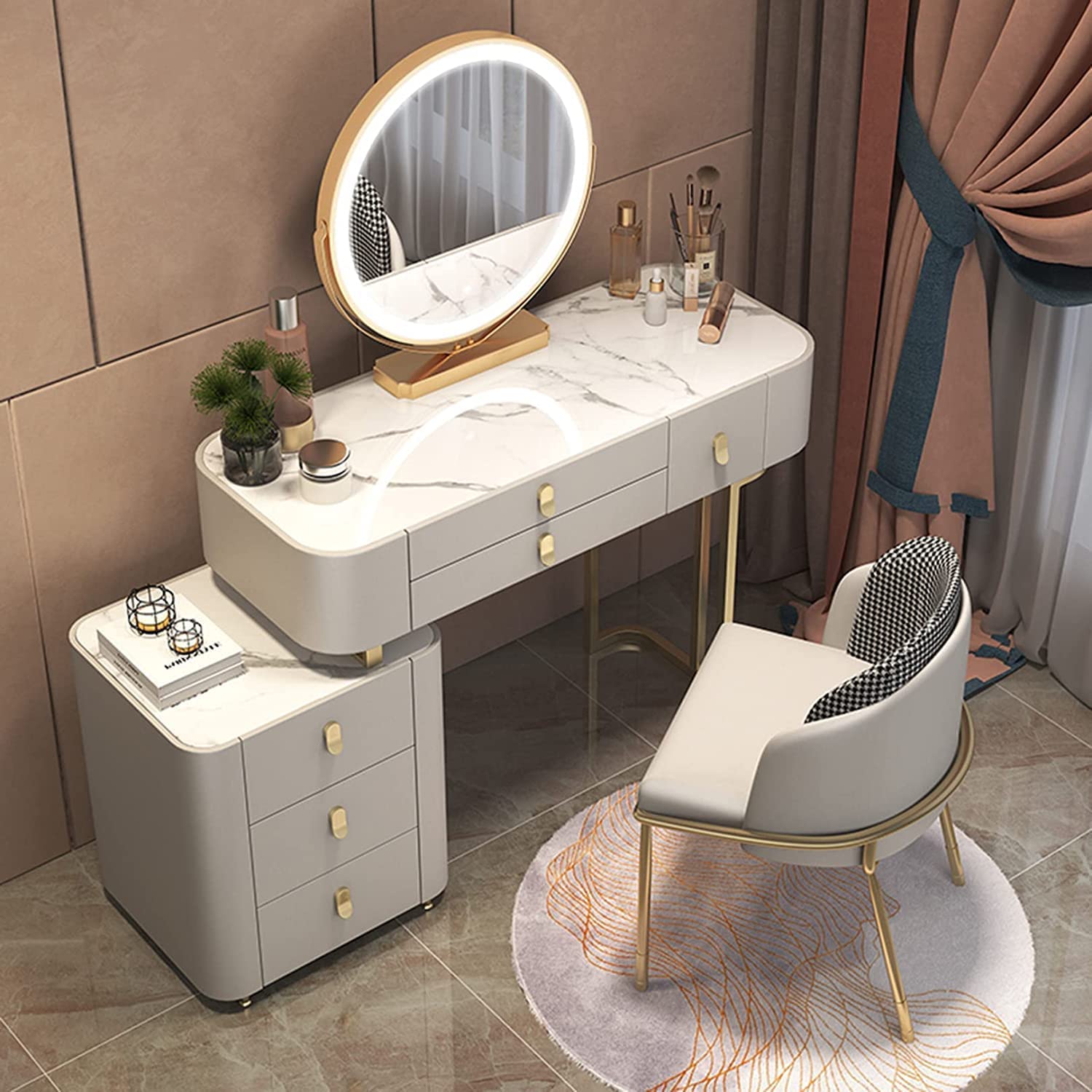 CGCSYZ Vanity Dressing Table Set with Stool Makeup Mirror 6 Drawers and Bedside Table Pink 100cm(Grey-80cm)