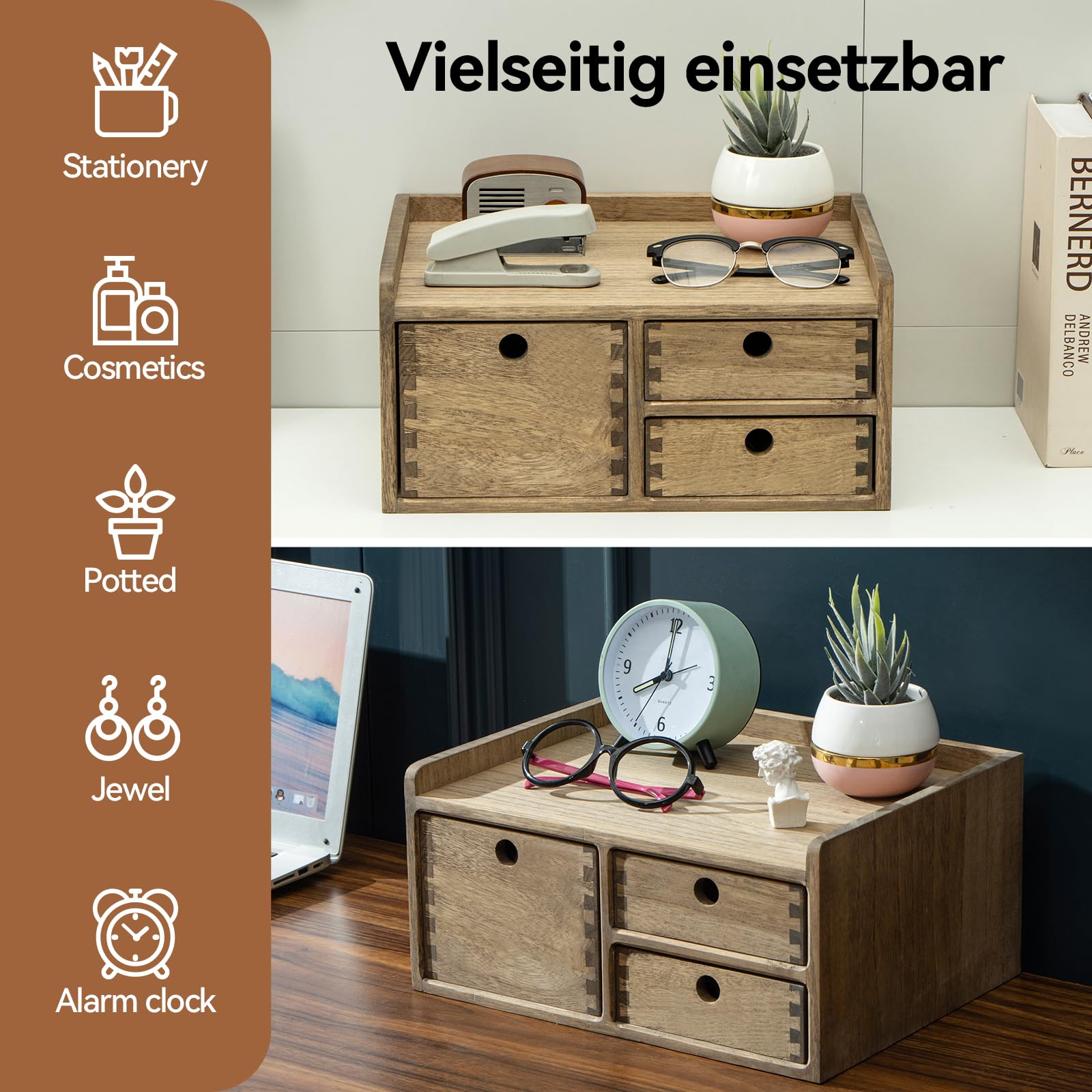 KIRIGEN Holz-Schreibtisch-Organizer mit 3 Schubladen und 1 Einlegeboden Heimarbeitsplatz Bürobedarf Holzaufbewahrungsbox Regal Case Hold Makeup Box Dunkelbraun