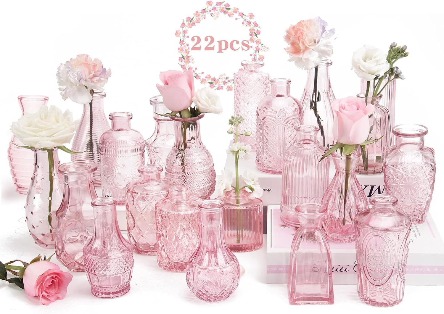 BEAHOT 22 Pack Pink Flower Vase in Bulk,Mini Classic Glass Bud Vases f…