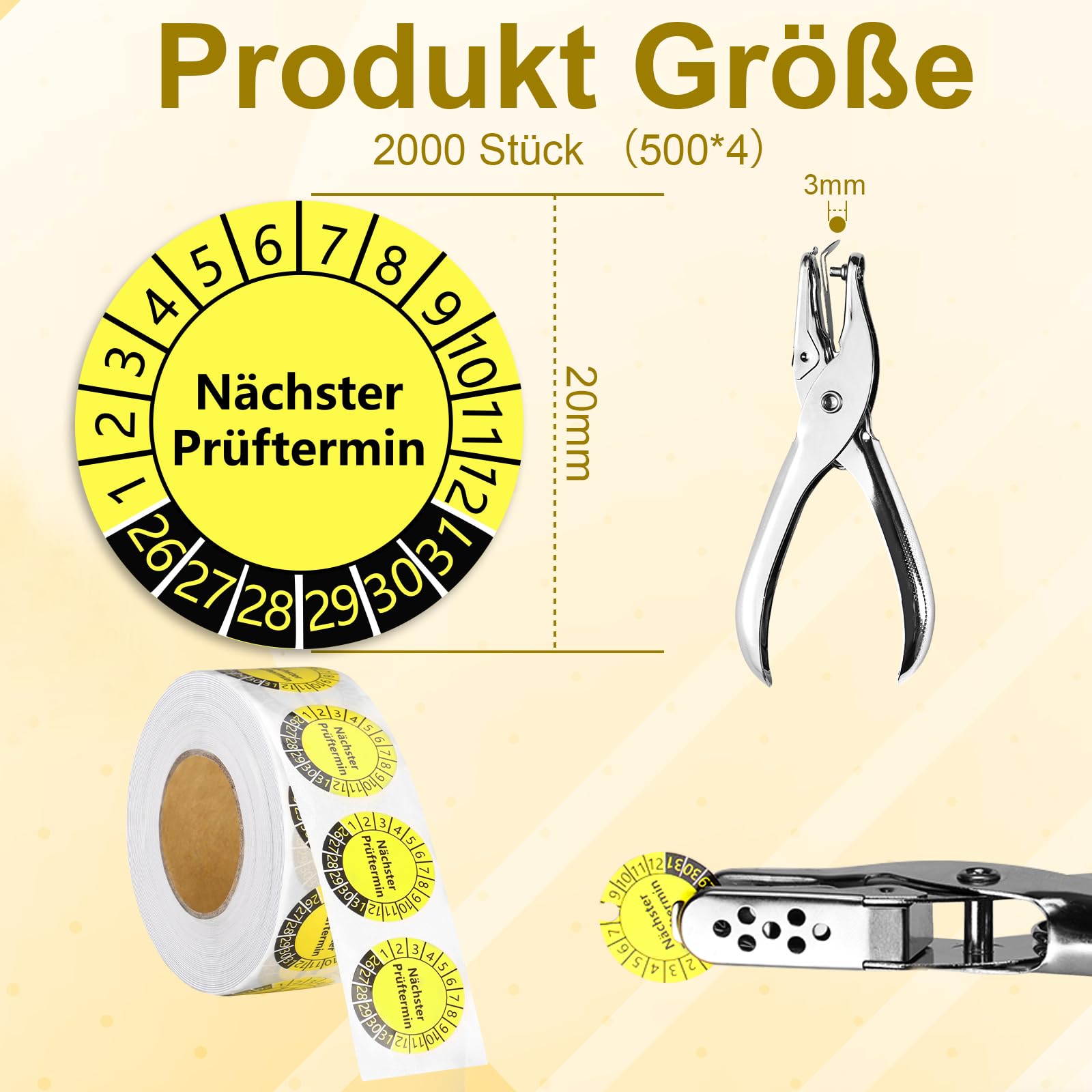 2000 sztuk plakietek kontrolnych 20 mm naklejki kontrolne 2026-2031, data następnego testu, naklejki na rolce folii winylowej, szczypce do dziurkowania, do papieru, plakietki, samoprzylepne, do