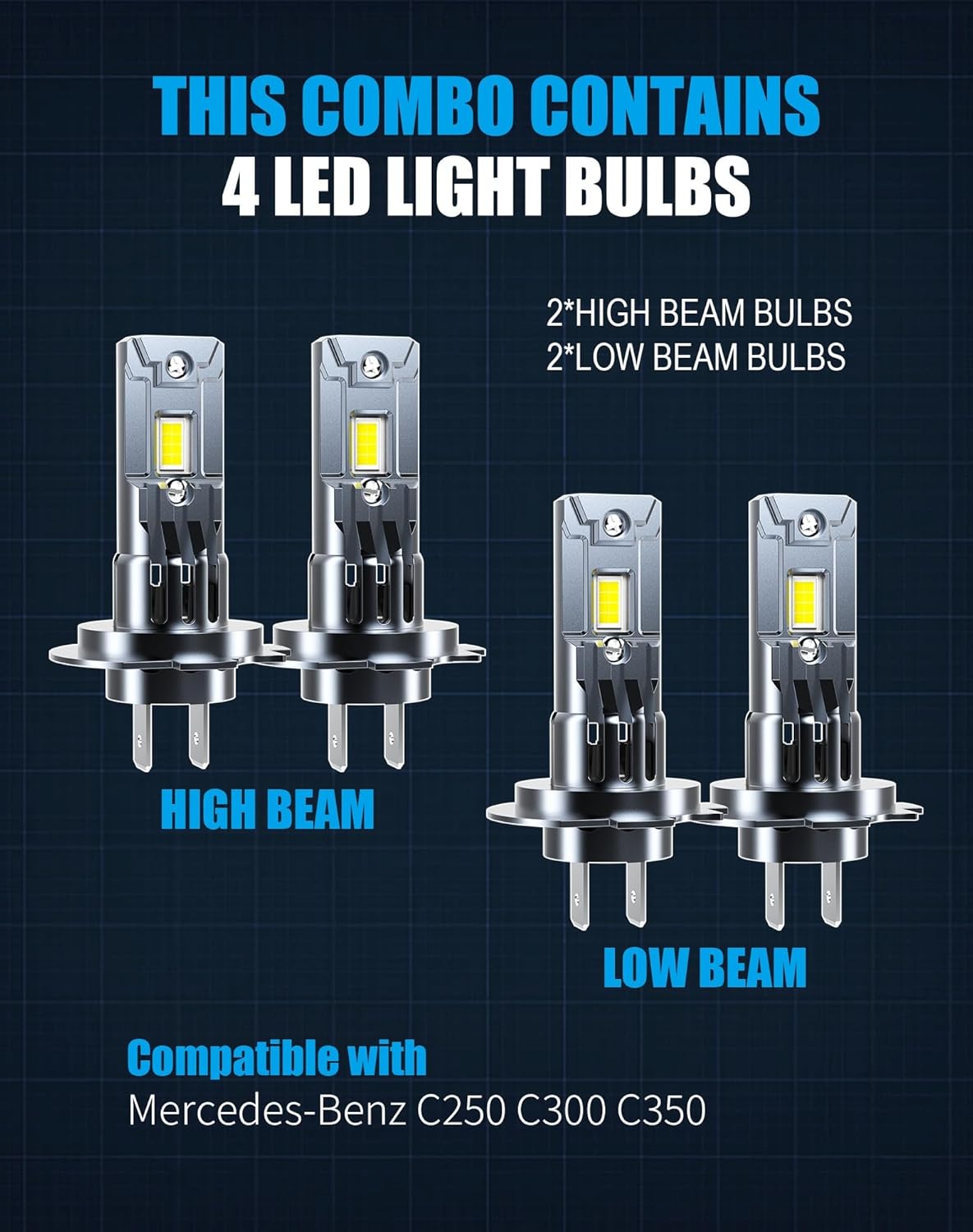 H7 and H7 LED Bulbs Combo High Beam and Low Beam Compatible with Mercedes-Benz C250 C300 C350 20000Lm 50W 6500k Cold White Light, Pack of 4