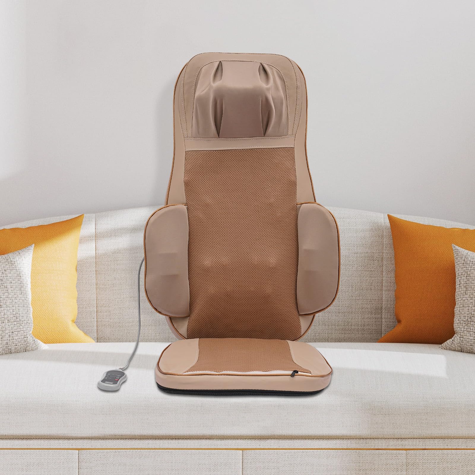 Sedile massaggiante con riscaldamento, rilassamento muscolare per collo e schiena, funzioni multiple (Massaggio/impasto/compressione calda), velocità regolabile (Beige)