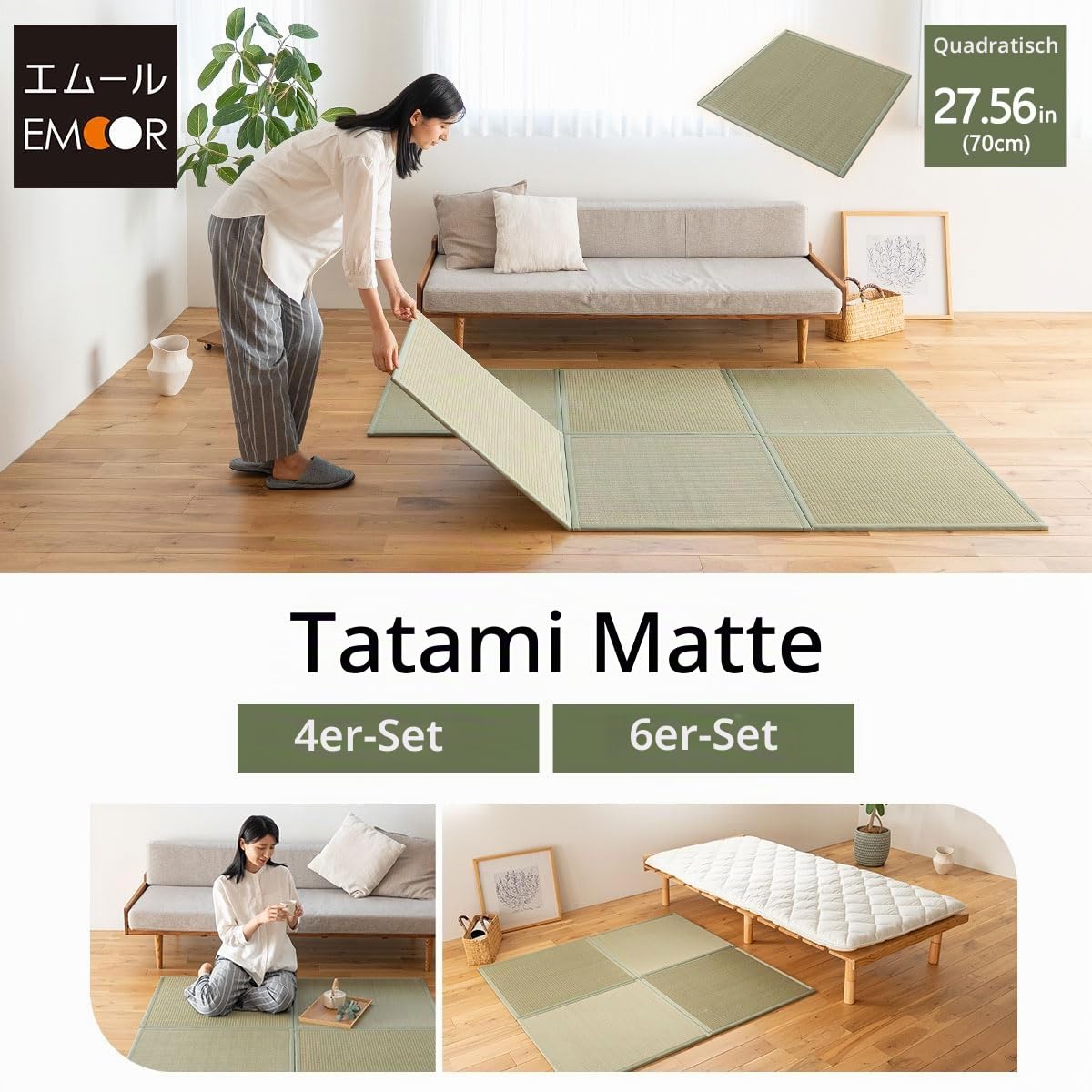 EMOOR Japanische Tatami-Matte 70 x 70cm 4er-Set Natur-Segergras (Ungefärbt), Faltbare Igusa-Matratze Bodenschlaf Japanische Futon-Matratze Meditation Yoga Zen