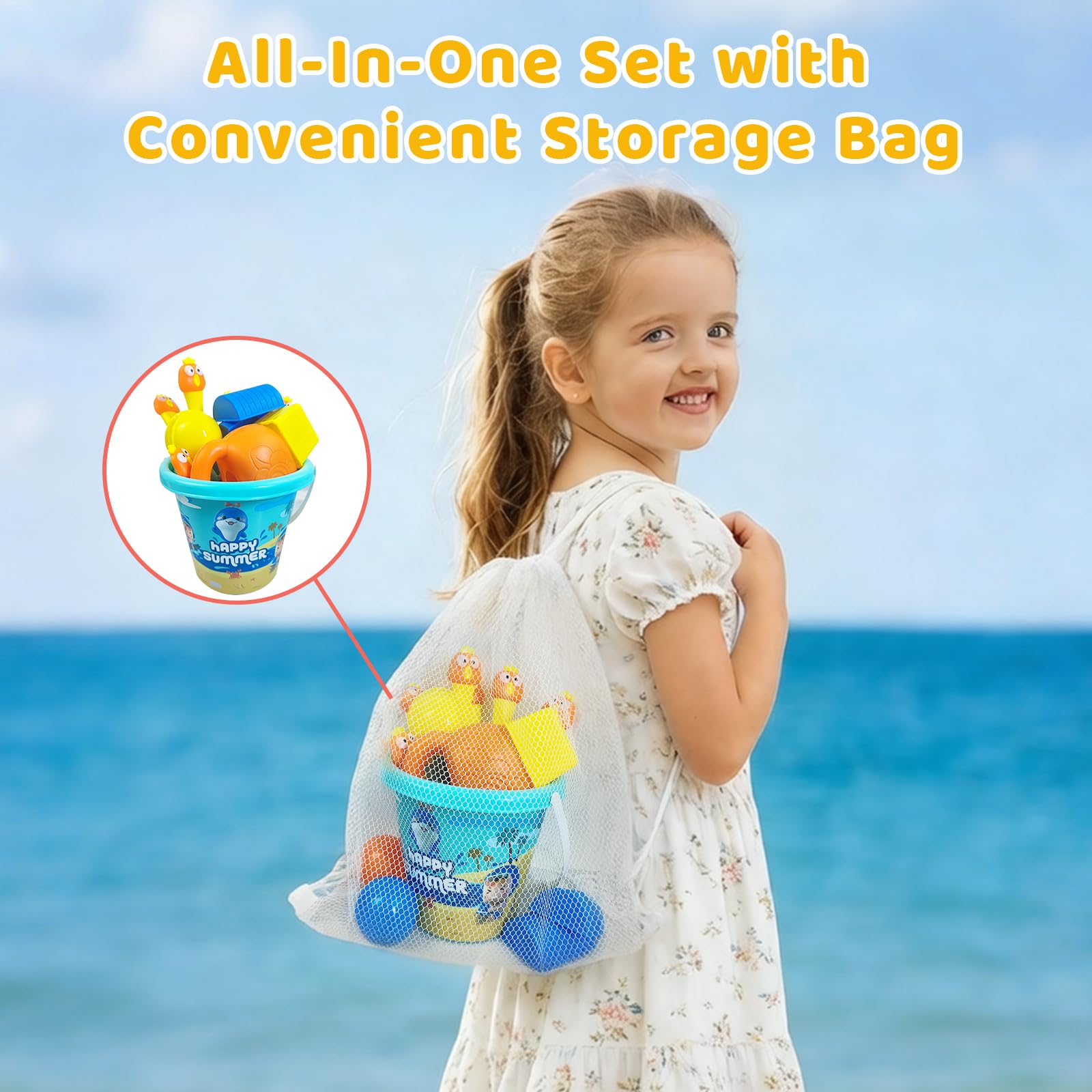 Giochi da Spiaggia per Bambini, 20Pezzi Accessori per Sabbiera con Secchiello e Paletta, Annaffiatoio, Formine Spiaggia e Borsa Rete, Giochi di Sabbia Estivi da Viaggio per Bambini Bambine