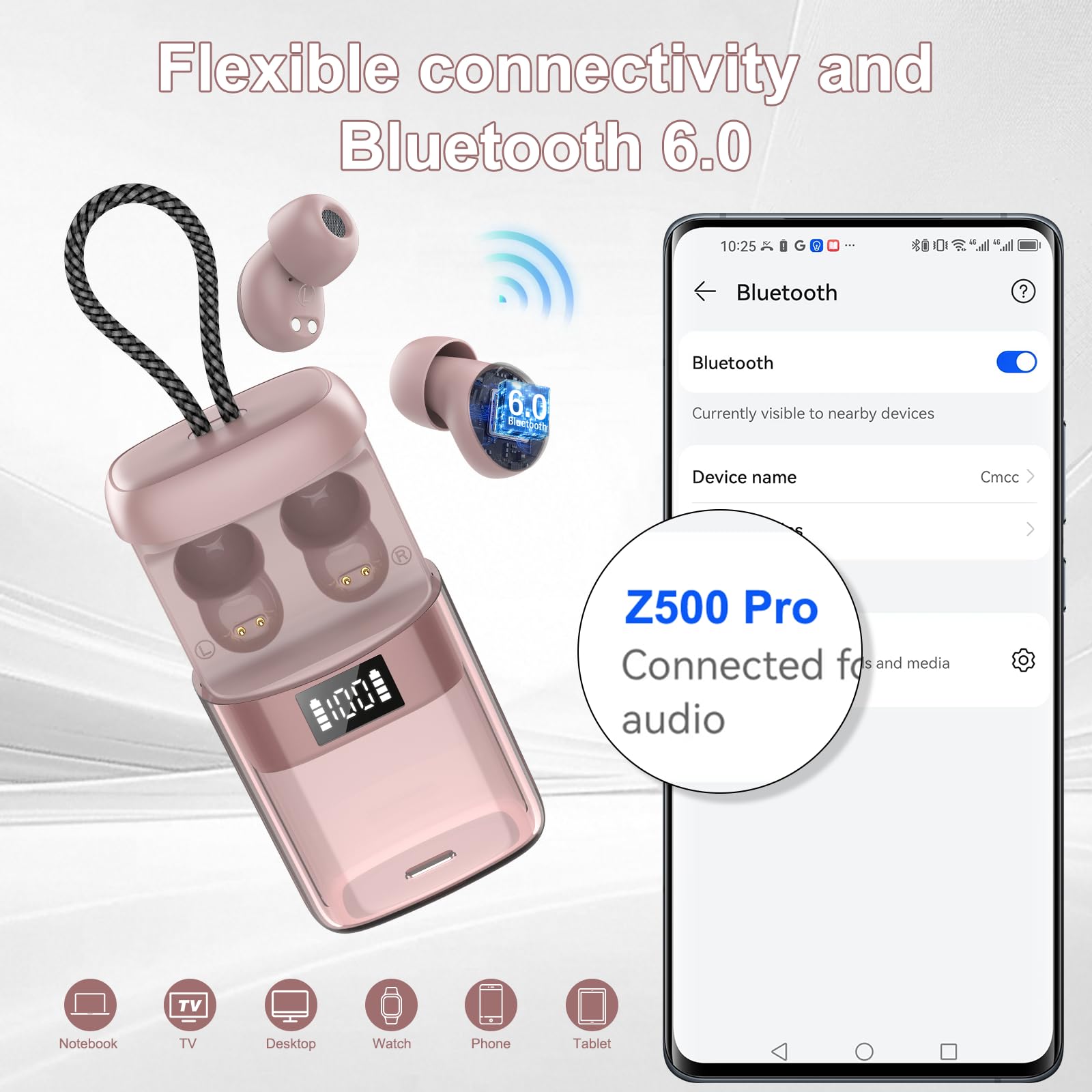 Mini Auriculares para Dormir Bluetooth 6.0 y aplicación, Ruido Blanco Integrado para Dormir, Rosa Dorado