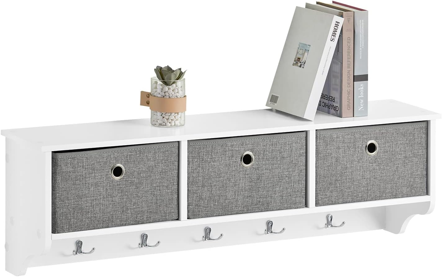 SoBuy Haotian FRG282-W, Wall Coat Rack Wall Shelf Wall Storage Cabinet Unit with 3 Baskets 5 Hooks