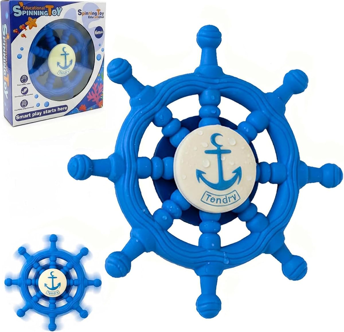 Baby Suction Spinner Toys for Bathtub, Silicone Toddler Bath & High Chair Toys for 1 Year Old Boy/Girl Birthday Gift, Interactive Ship Steering Wheel InfantToy for Car Window Travel-Blue