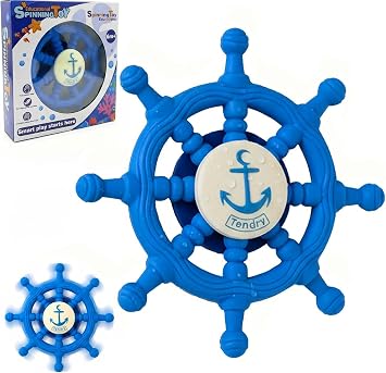 Baby Suction Spinner Toys for Bathtub, Silicone Toddler Bath & High Chair Toys for 1 Year Old Boy/Girl Birthday Gift, Interactive Ship Steering Wheel InfantToy for Car Window Travel-Blue