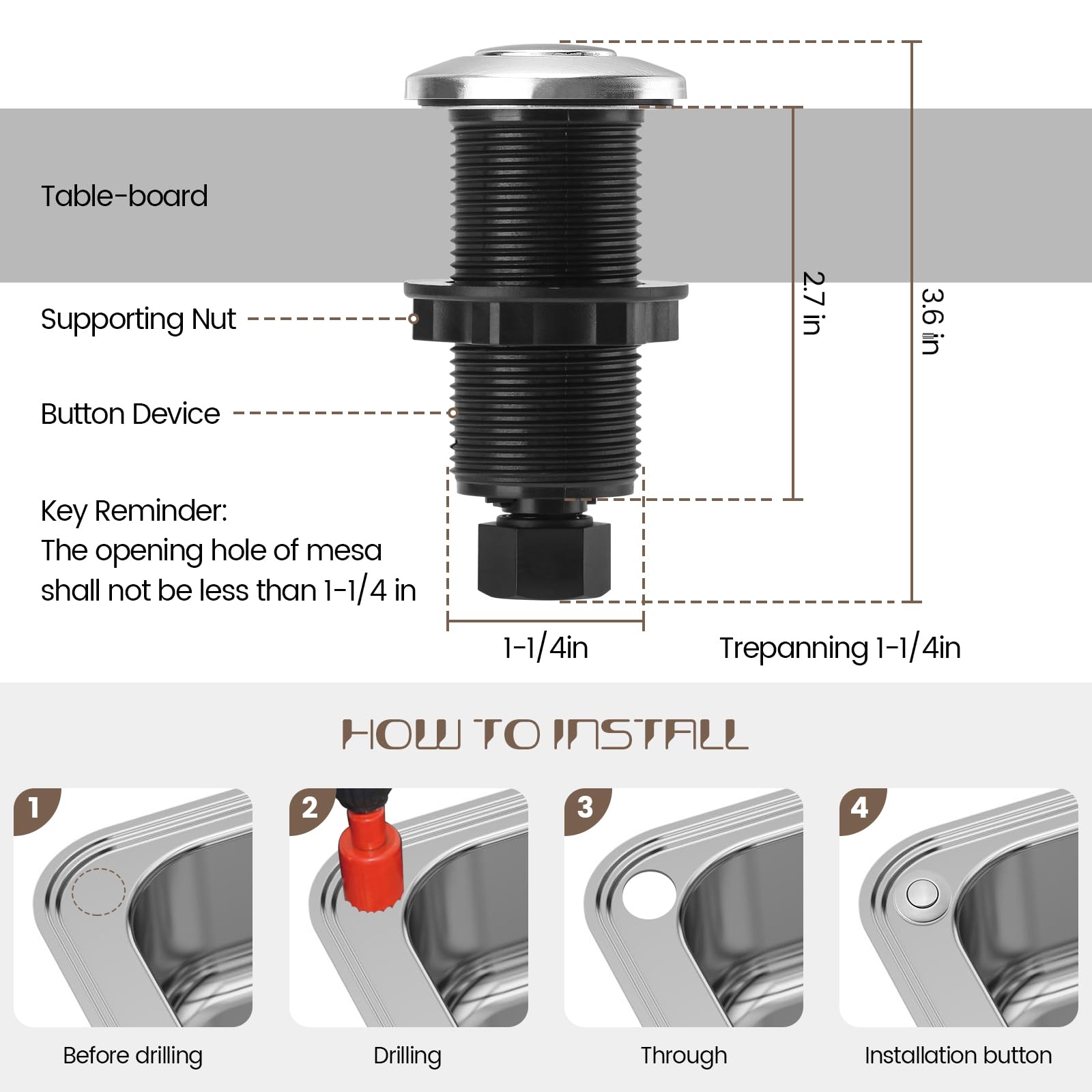 LF40 Kit de interruptor de aire para eliminación de basura, listado UL, eliminación de residuos de fregadero, botón de aire de encendido/apagado de níquel cepillado de acero inoxidable, pieza de