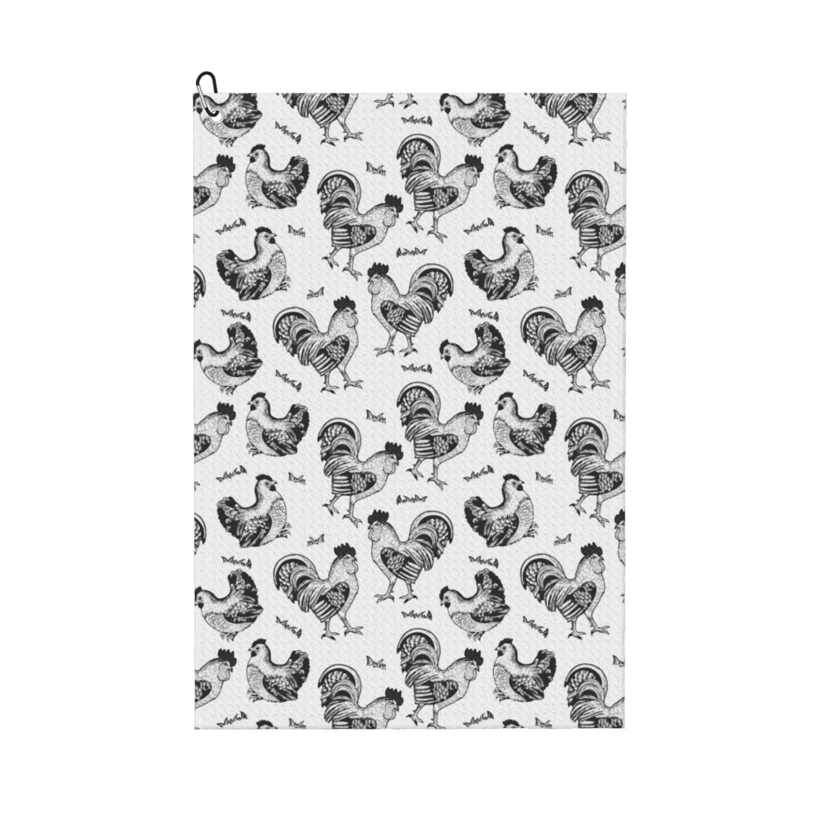 AOOEDM Retro Rooster Print Golf Towel with Carabiner Clip Absorbent Microfiber Golf Towel for Cleaning Golf Ball Club Putter Iron for Golf Bag Trolly Belt Loop 16" X 24"