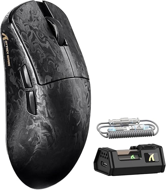 ATTACK SHARK R11 Ultra 8K Carbon Fiber Wireless Gaming Mouse-Black Ink | 42000 DPI-PAW3950 MAX Sensor-49g Lightweight,Nordic 52840 MCU Chip,Wired/BT/2.4Ghz Programmable,RGB Coiled Cable for PC Mac