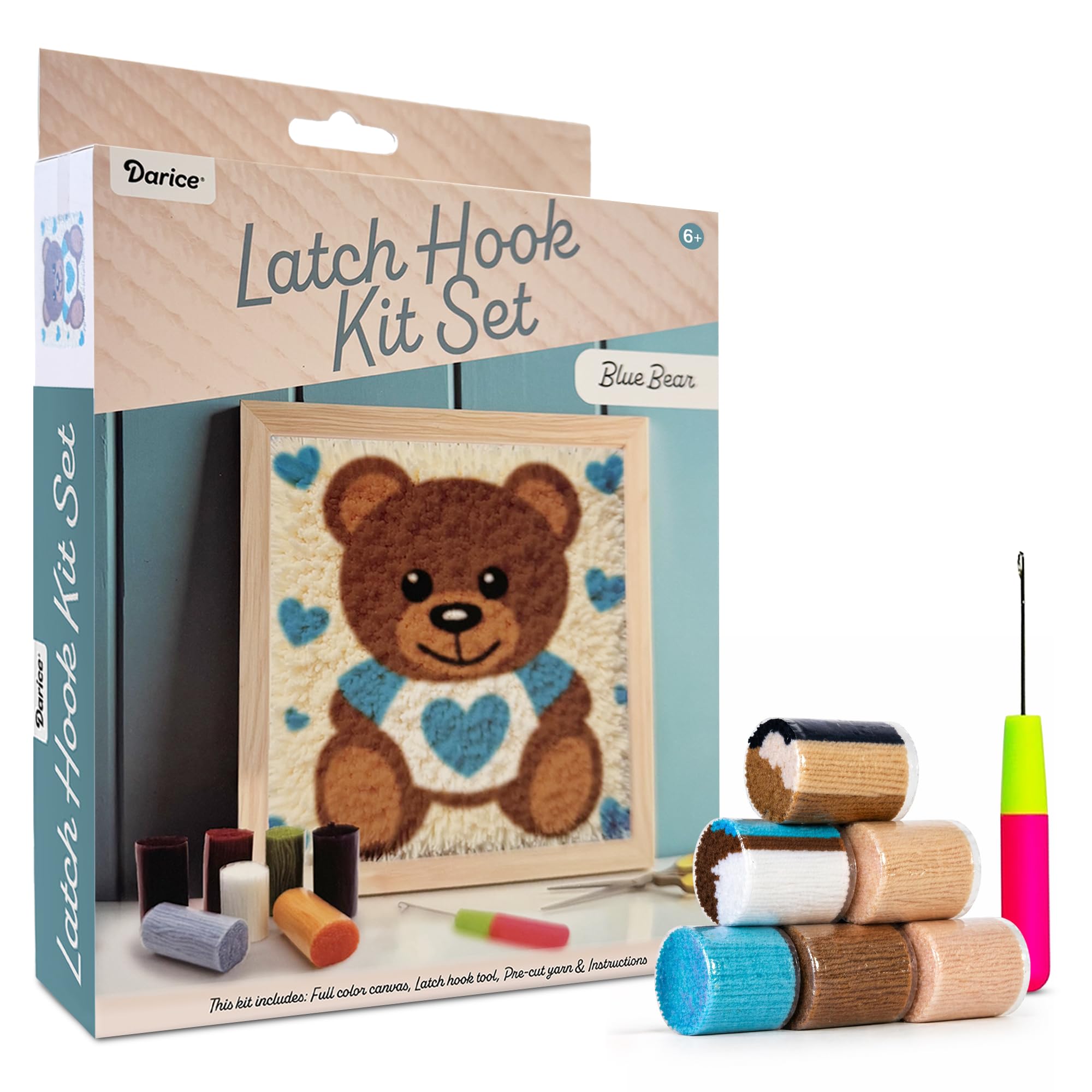 Darice Latch Hook Rug Kit, Blue Bear Design DIY Latch Hook Kit for Kids &amp; Adults, Color Canvas, PreCut Yarn &amp; Hook Tool, Craft Activity &amp; Gift for Kids