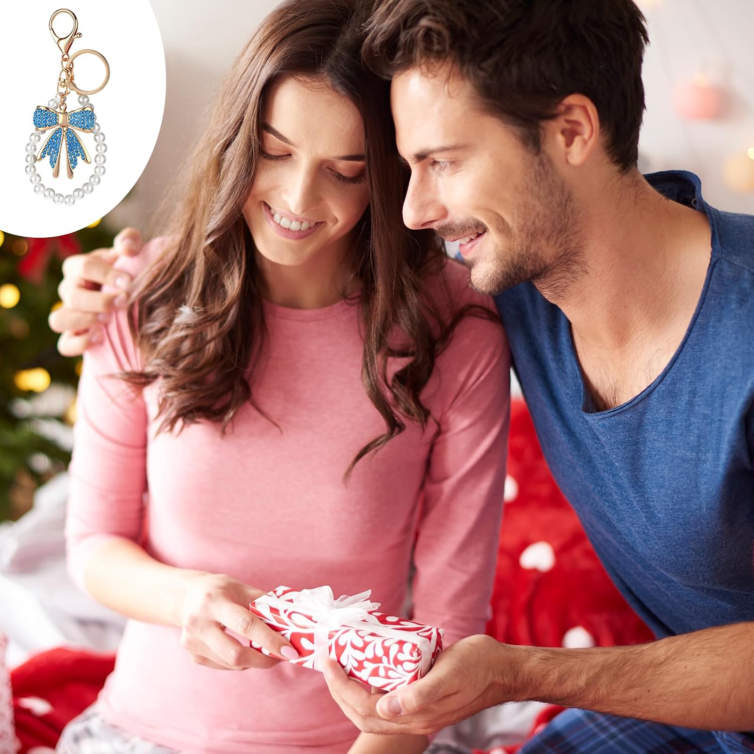 Bow Keychain Rhinestone Bowknot Keychain Purse Charms Bag Charms Imitation Pearl Chains for Handbags Purses Backpacks Cute Keychains Accessories for Women, Blue - Image 7