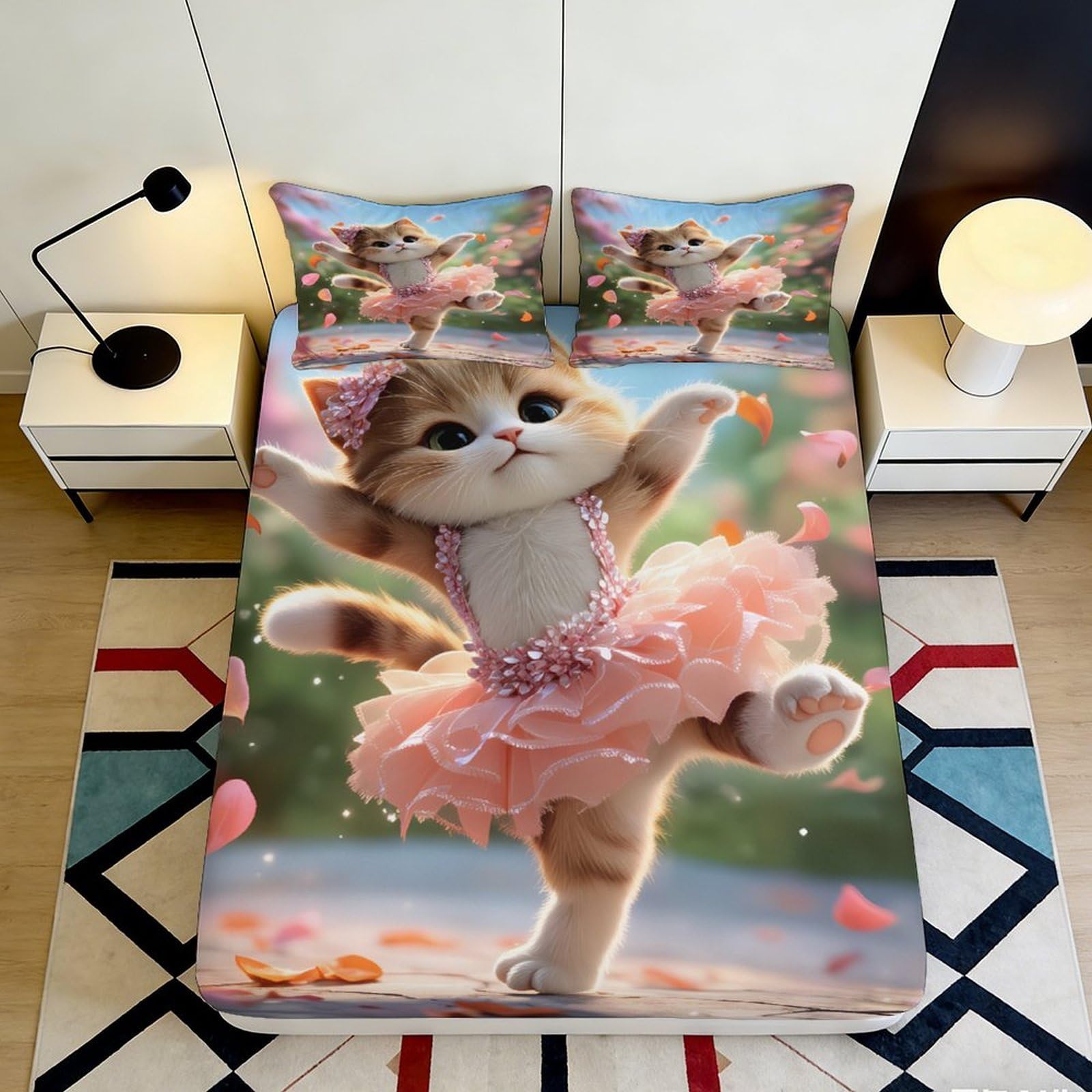 Pnayamiorkfel Style-5 3D Printed Cute Cat Ballet Fitted Sheet Microfiber Pink Animal Bed Cover For Bedroom Guest Dorm Decor Easy Care 90X200x25cm