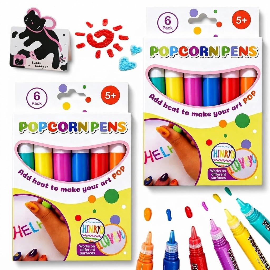 ELMVAR 18PCS Popcorn Pens, 6 Colors 3D Safe Puffy Bubble Drawing Pens for Kids, DIY Bubble Pen with 10 Blank Cards, for Graffiti, Coloring, Birthday Greeting Cards Art Crafts (2PCS)