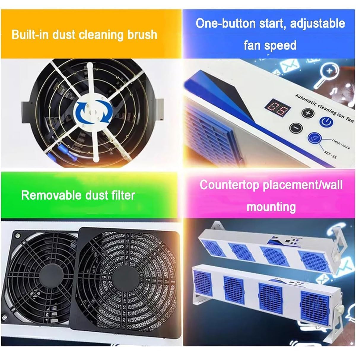 Ventilatore ionizzatore antistatico, ESD con volume d'aria regolabile da 10 a 120 CFM, girevole a 360°, eliminatore statico da tavolo e da parete, per officine