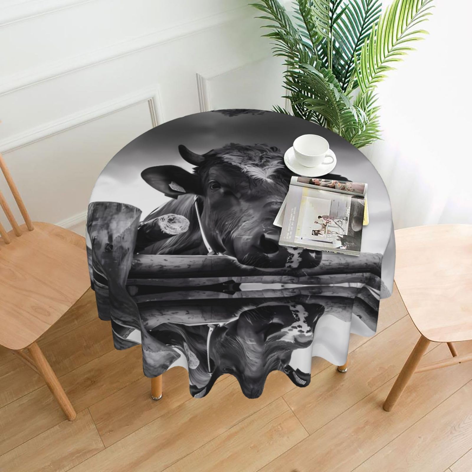 YYHHAOFA Cow Wooden Fence Prints 60in Round Decorative Tablecloth – High-Grade Polyester Throw Cover for Dining, Parties, and Outdoor Events