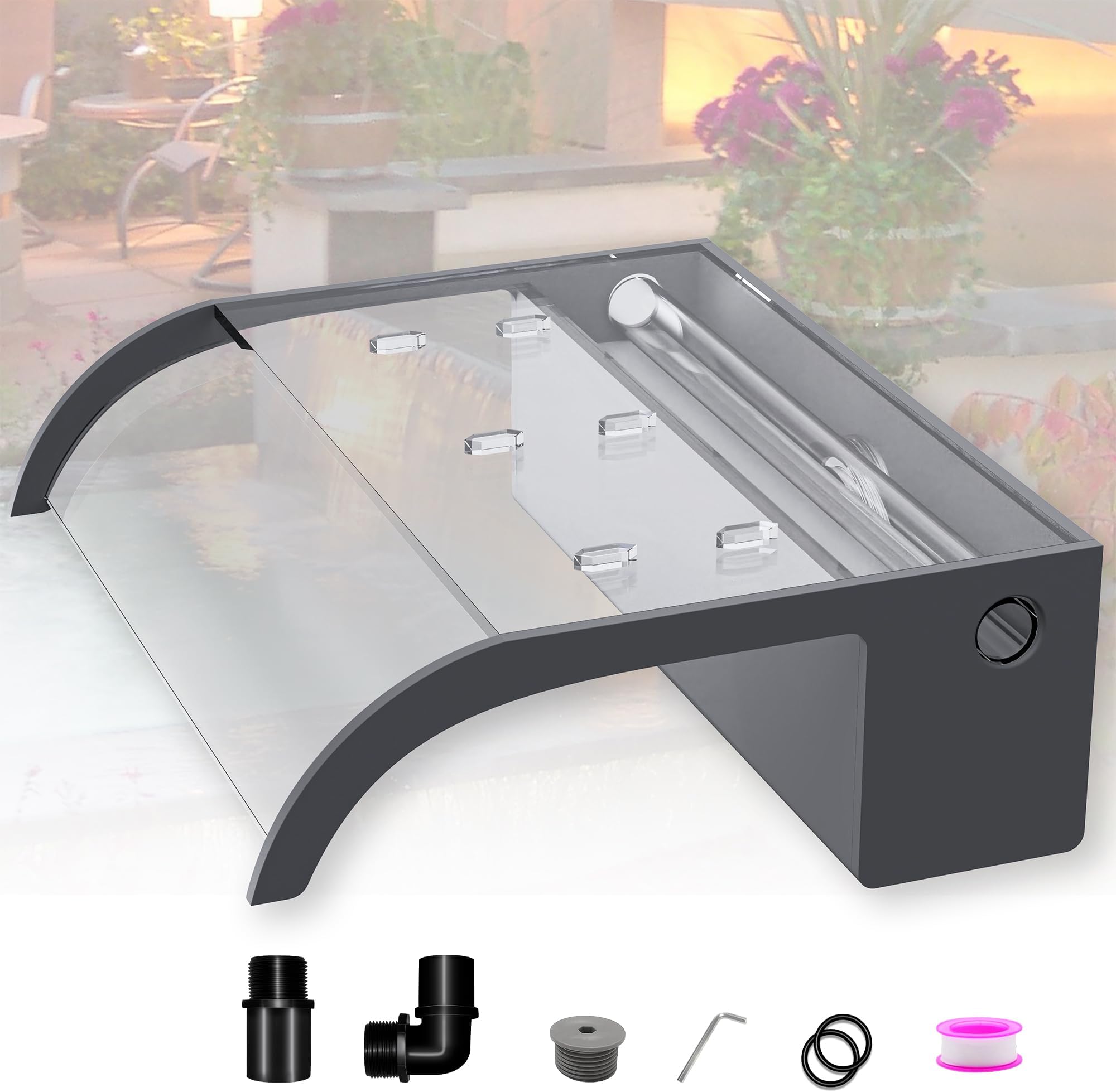Pond Waterfall Blade Kit, 30cm Acrylic Pool Fountain with Accessories, Width 18cm Curved Outlet Spillway for Garden Patio Pond Decoration
