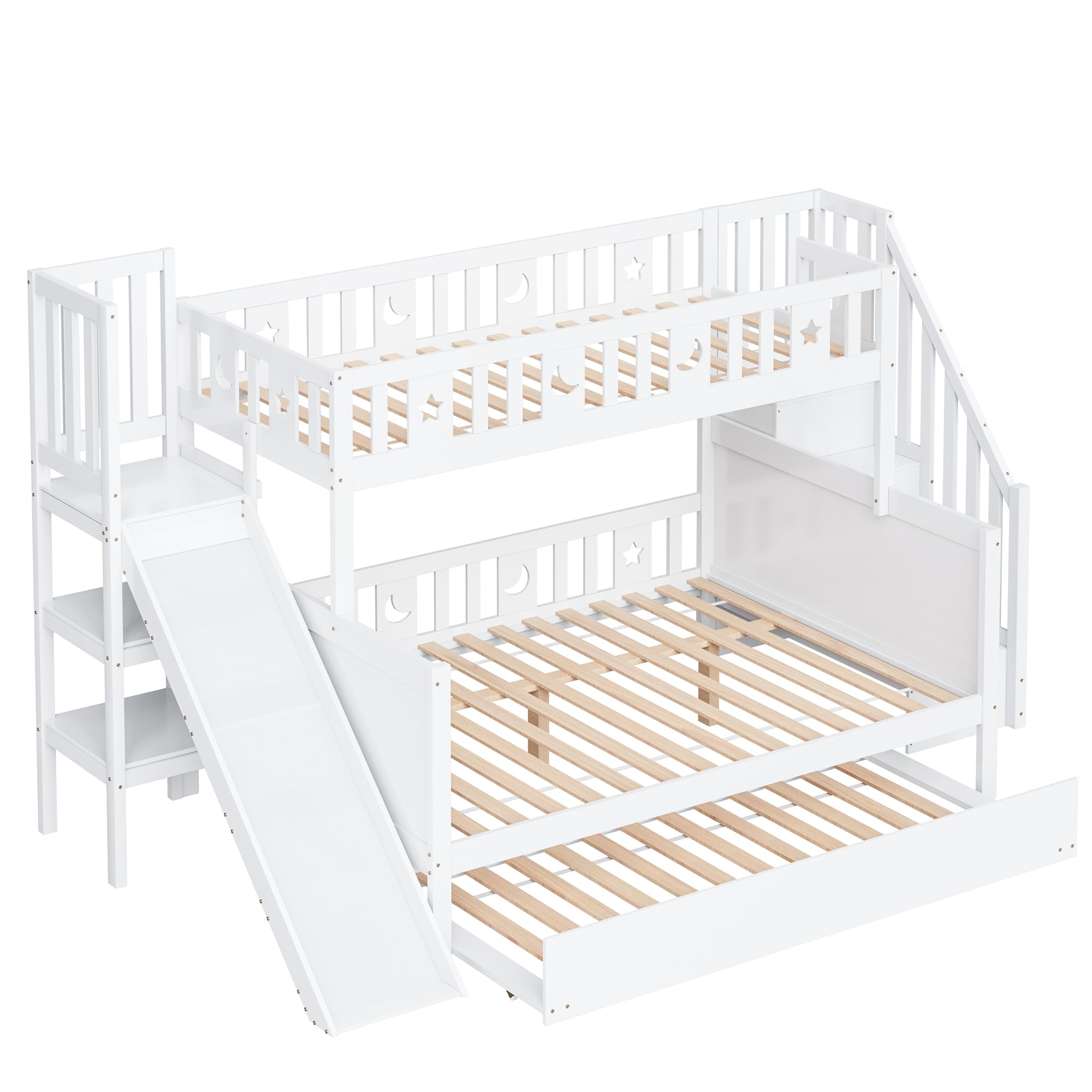Moimhear Cama Infantil 90 x 200/140 x 200 cm, litera de Madera Maciza con tobogán y Estante con Niveles de Seguridad, Cama Plegable y somier, Color Blanco