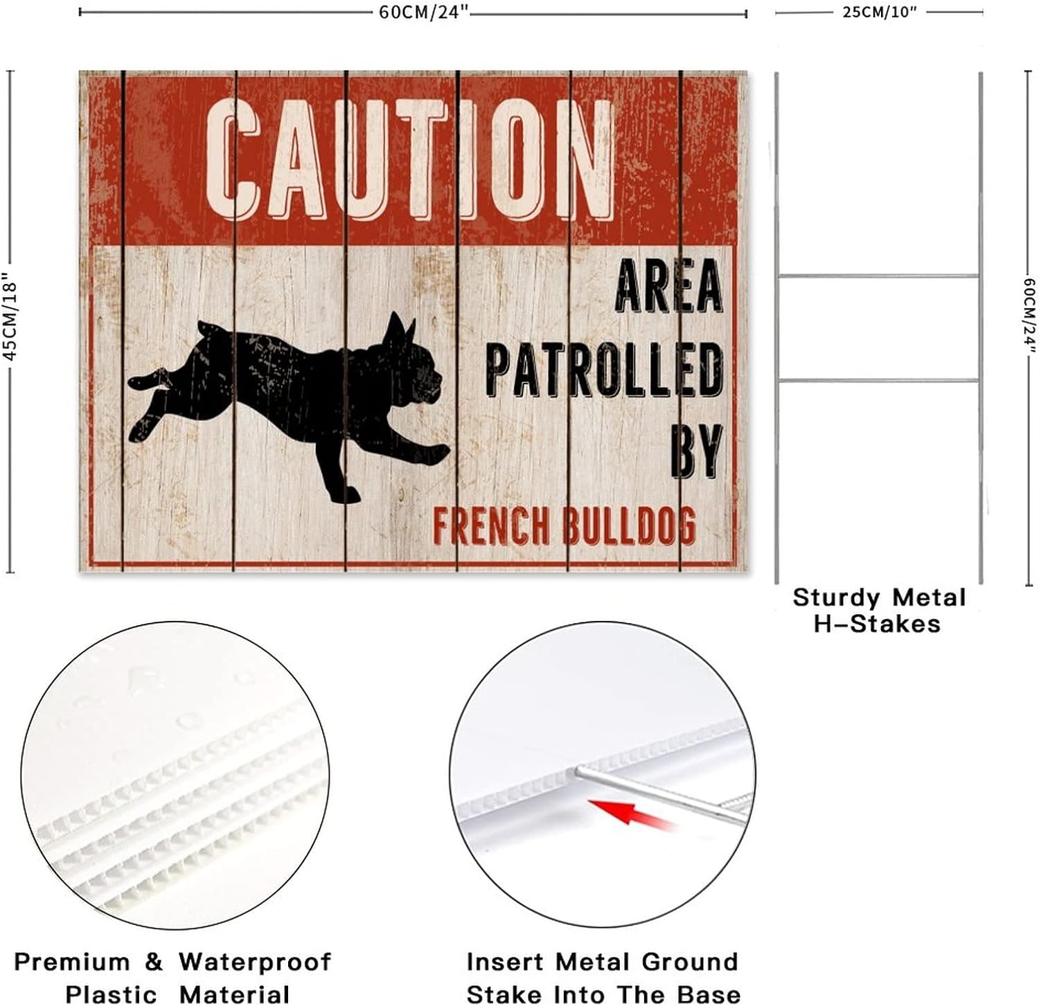 Caution Area Patrolled by French Bulldog Dog Farmhouse Yard Sign with H-Stakes 18x24 Inch Double Sided Corrugated Plastic Outdoor Warning Notice Sign for Road Street Countryside Lawn Decor