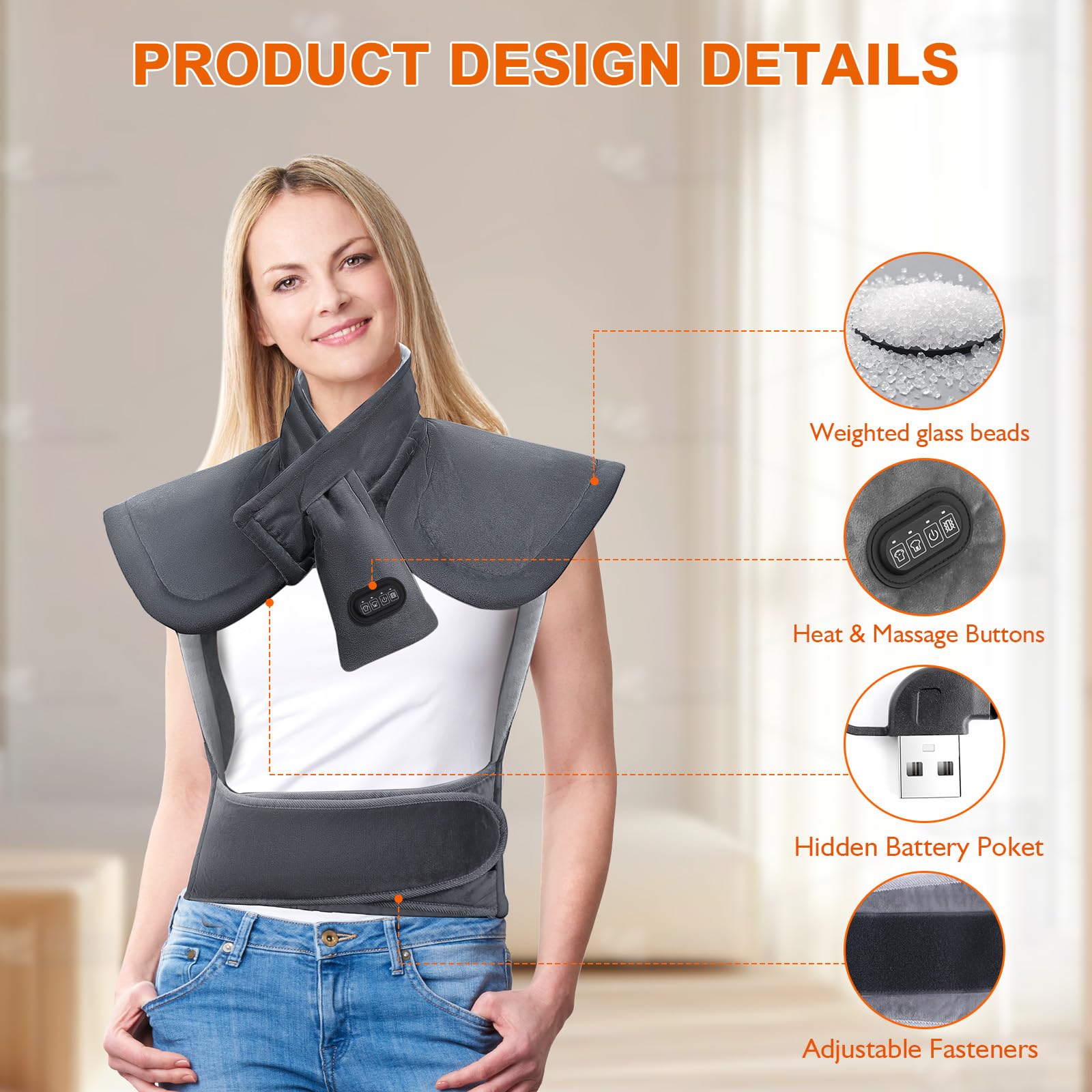 Coussin Chauffant avec Batterie 10000mAh 3 Niveaux Réglage Température 3 Modes de Massage Arrêt Automatique
