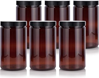 32 oz Large Amber PET Plastic (BPA Free) Refillable Empty Jar with Black Smooth Foam Lined Lid (6 pack)
