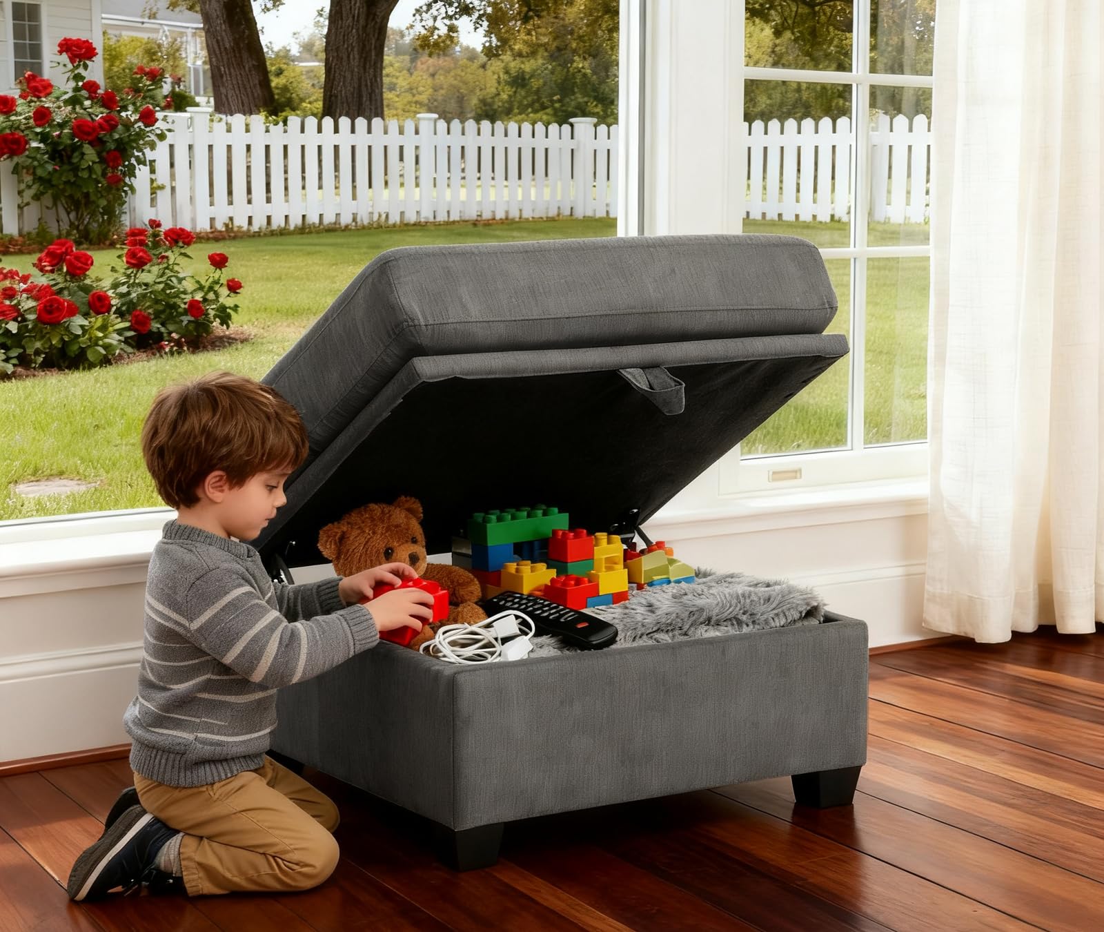 asunflower Ottoman with Storage for Couch Gray 25.2" Square Storage Ottoman Foot Rest for Living Room Large Ottomans for Dorm, Bedroom,Office with