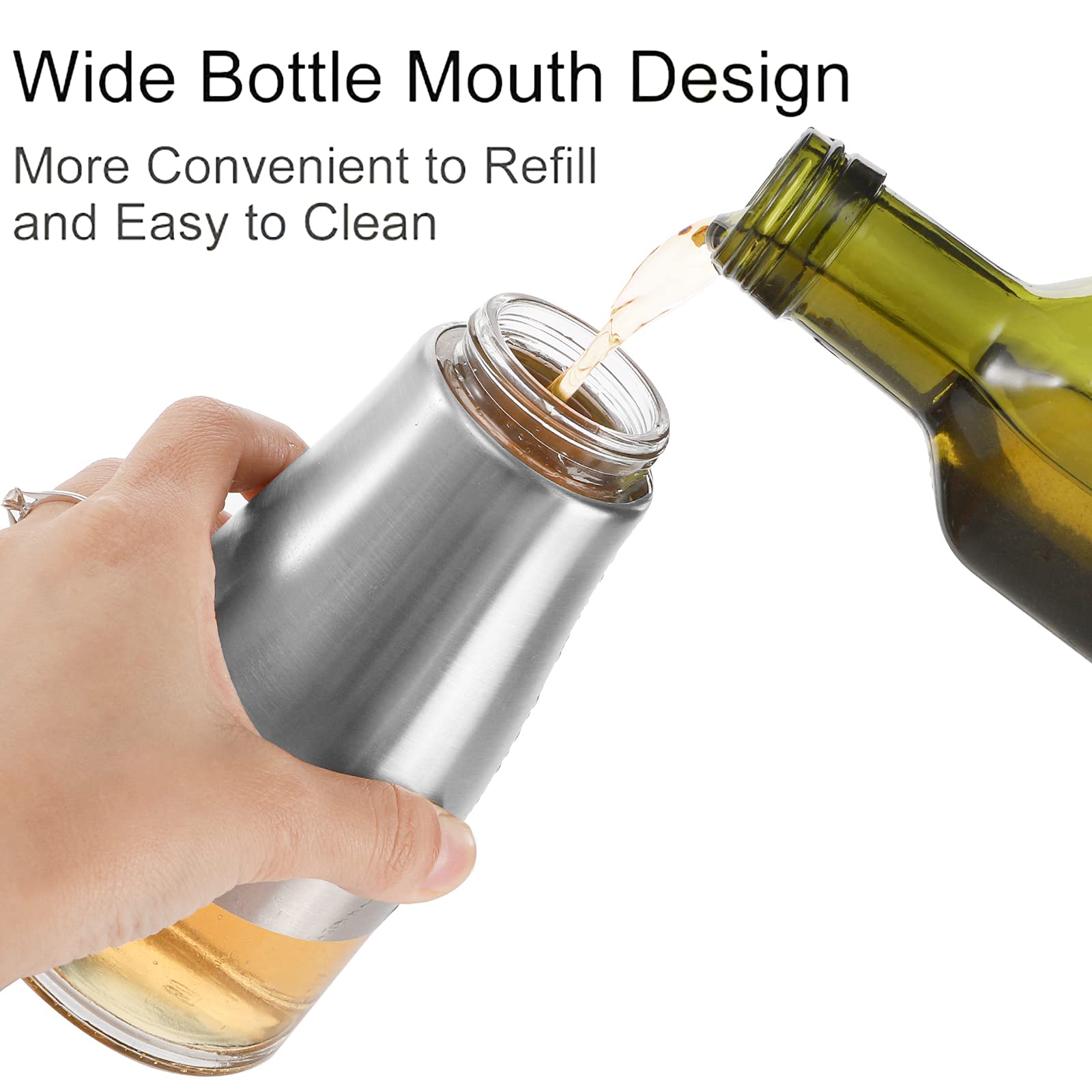 MHtech dispenser van roestvrij staal, voor azijn of olie, fles van 300 ml, zichtbare inhoud, met schenktuit die met een hendel kan worden bediend