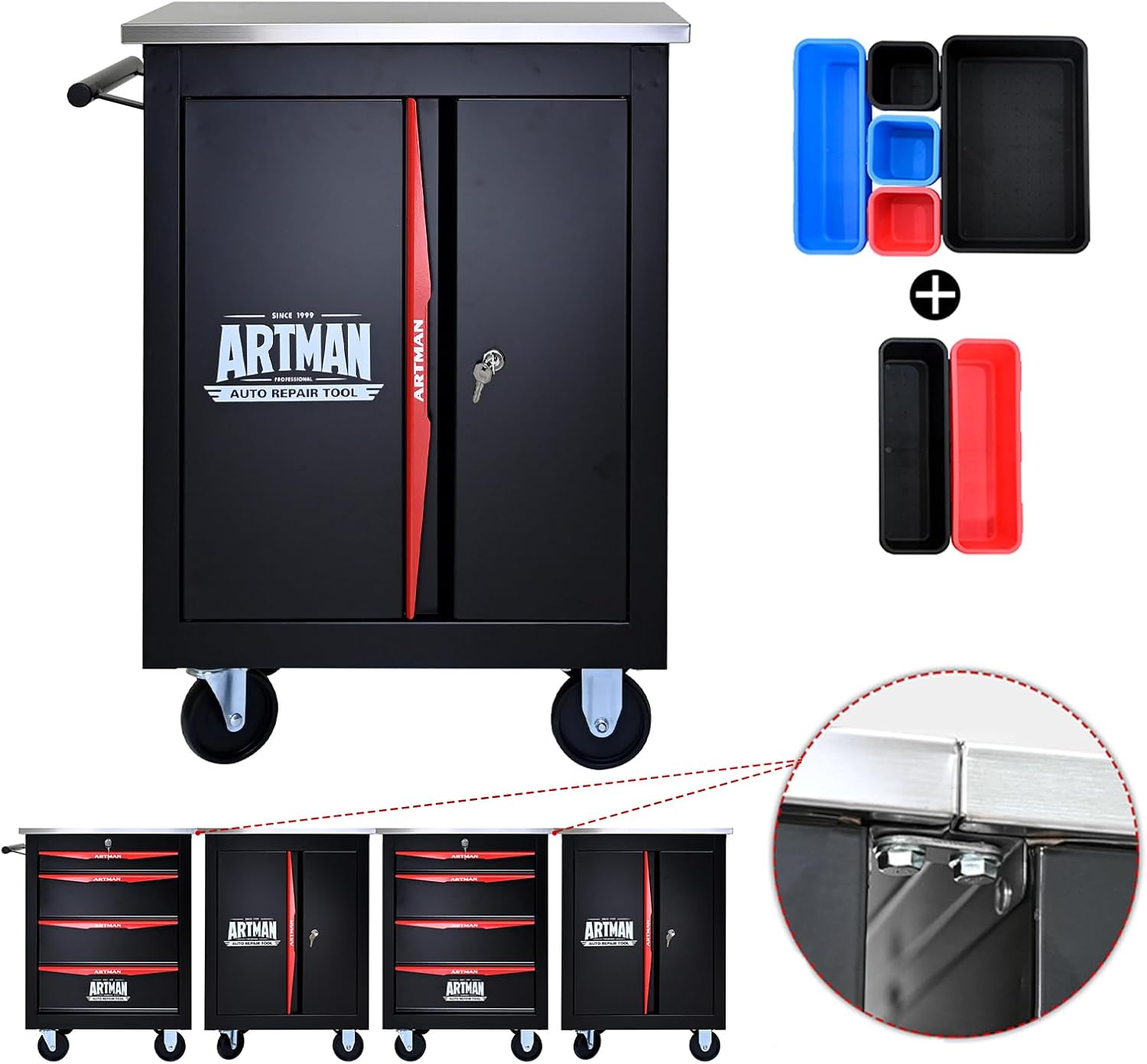Artman Double Door Rolling Tool Chest, Black & Red Modular Tool Box with Wheels, Heavy-Duty Rolling Tool Cabinet for Garage & Workshop Storage