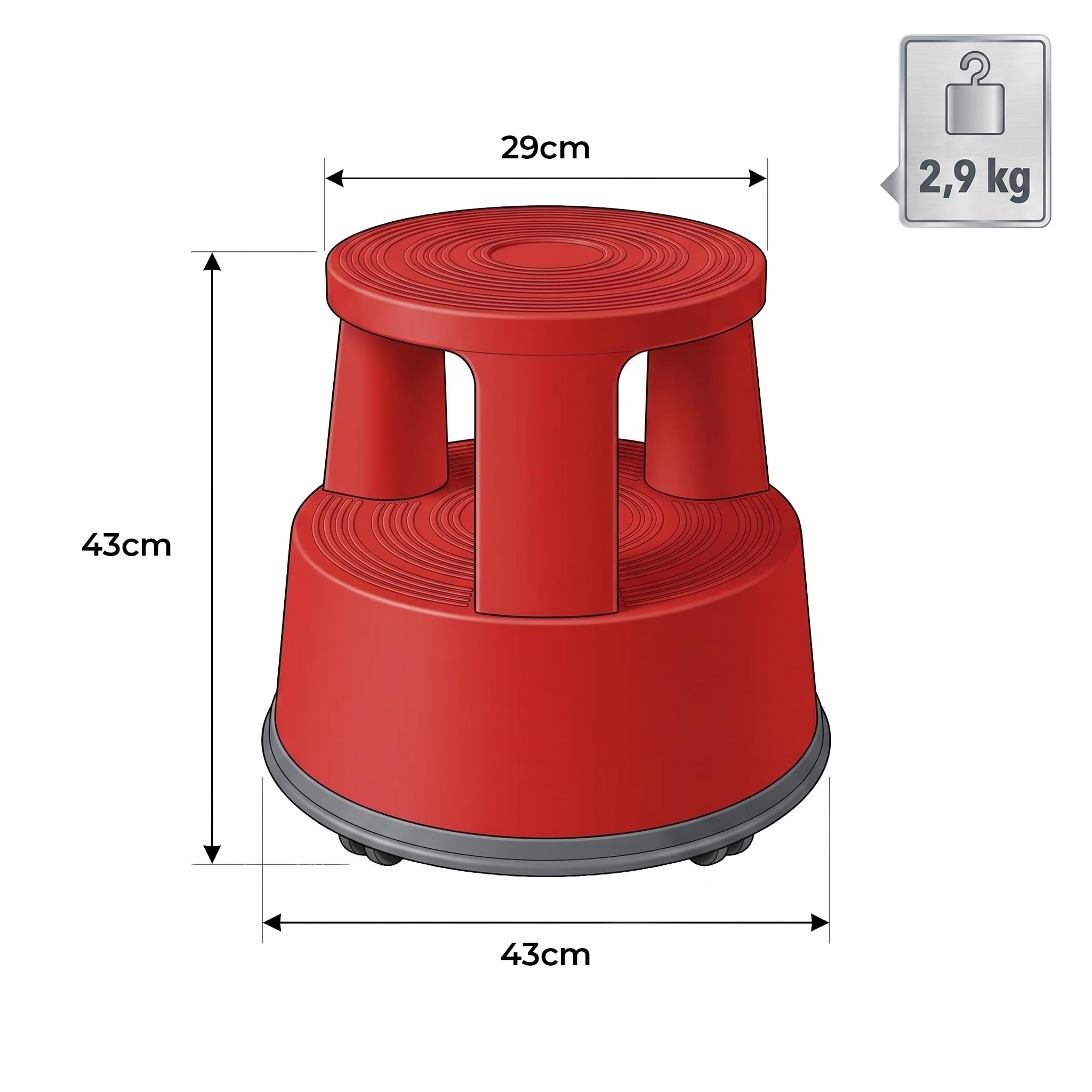 Office Marshal Rollhocker Kunststoff Elefantenfuß rot, Rutschfester Tritthocker mit Rollen, mobiler Rolltritt bis 150 kg, 43 cm hoch, Stabiler Hocker für Büro, Küche, Werkstatt, Lager & Haushalt