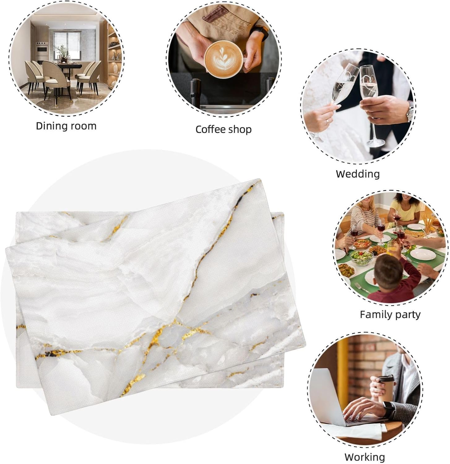 Fiokroo Marble with Golden Line Texture Placemats Set of 6 Table Mats Table Tableware Place Mats with Non-Slip Heat-Resistant Washable for Dining Home Kitchen Party Indoor