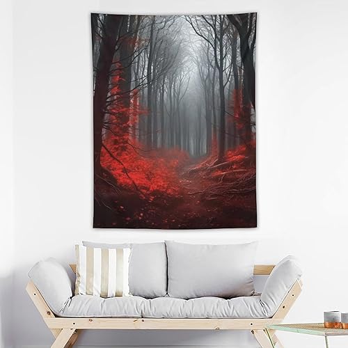 Miniatura 3 de BAHELS Tapiz de bosque rojo, gótico, misterioso, lluvioso, niebla, escena de la naturaleza, borgoña, negro, hoja de árbol, tapiz de tela para