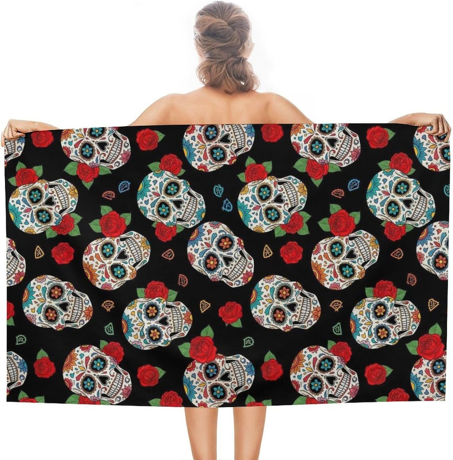 Premium Halloween Mexican Day Dead Sugar Skulls Bath Towel for Home, Hotel, Spa, Beach Travel, Durable Large Body Towel, 50x30 inch