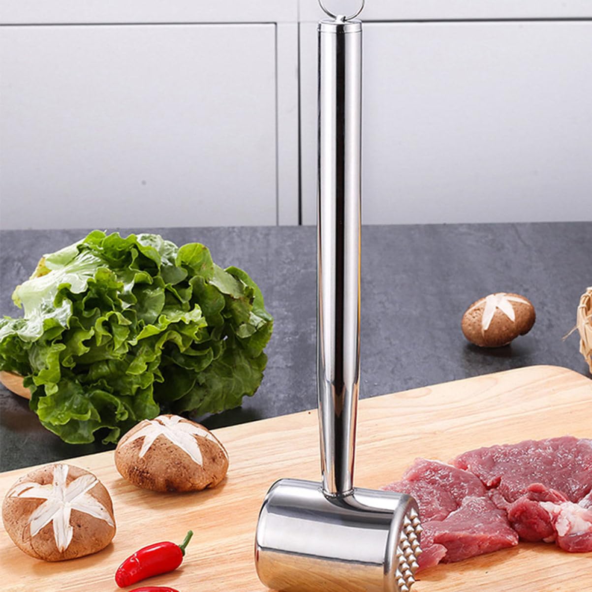 ABOOFAN Fleischklopfer aus Edelstahl 2 Stück für Küche, Silber | Ergonomischer Griff, Aufhängbar, für Gemüse und Kaffeepulver, Praktisches Küchenhelfer
