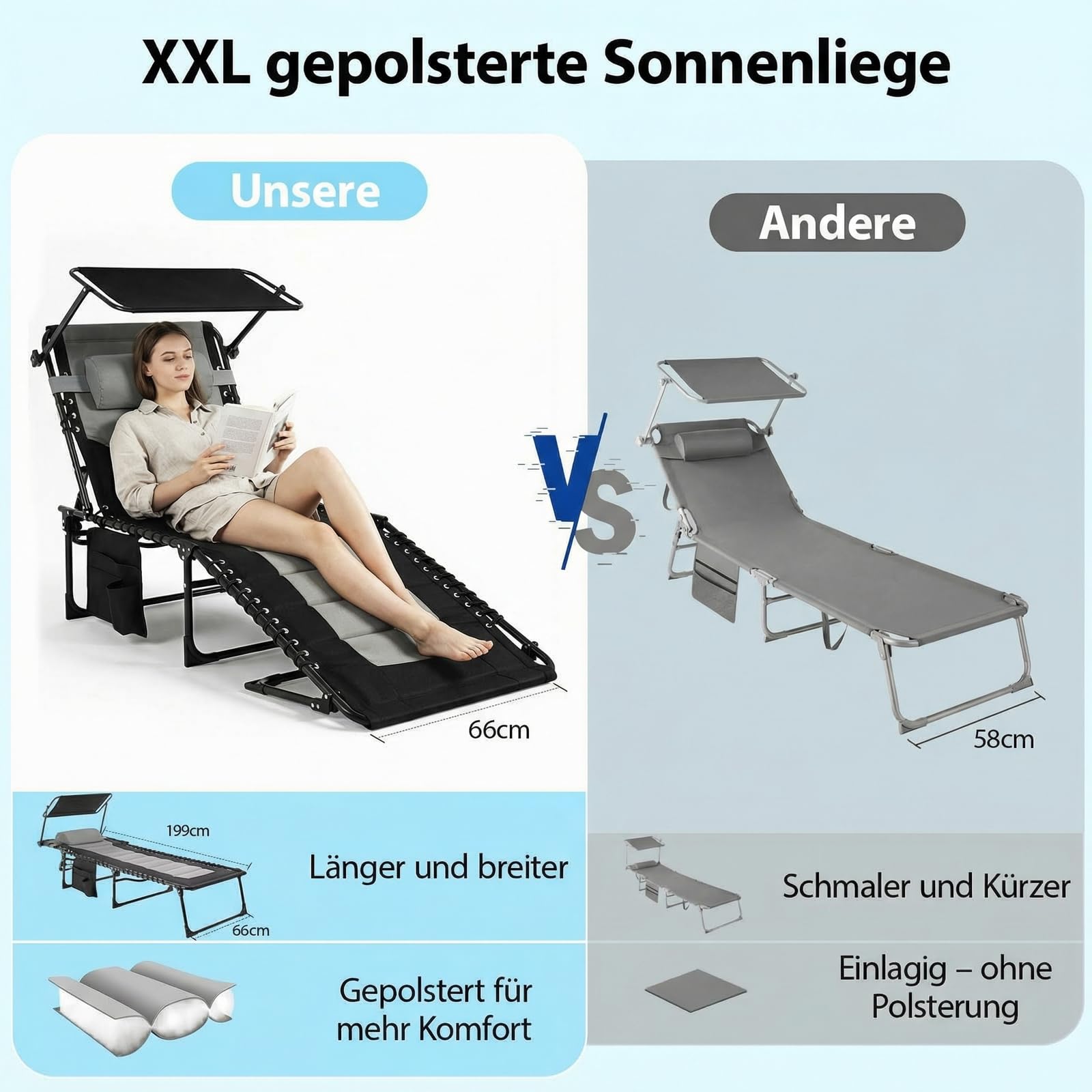 Clevich XXL Sonnenliege klappbar mit Dach, 199 × 66 cm extra breit, gepolstert, Liegestuhl verstellbar mit 5 Rückenlehnen und 2 Beinpositionen, bis 150 kg belastbar, für Pool, Garten, Balkon