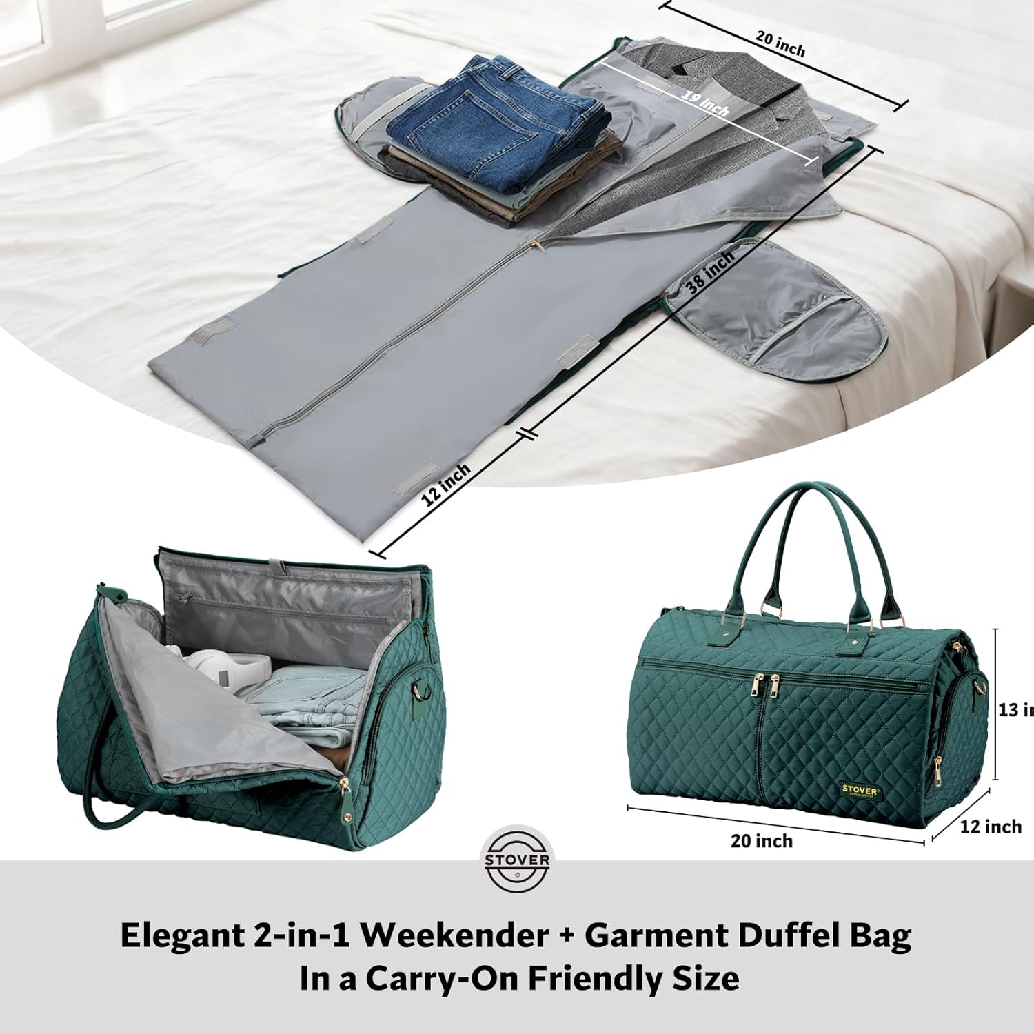 STOVER Women’s Convertible Garment Duffel Bag for Travel – 2-in-1 Carry-On Weekender/Overnight Tote - Wrinkle-Free Dresses, Suits & Clothes Plus Shoe Compartment & Bonus Toiletry Bag (Emerald Green) - Image 2