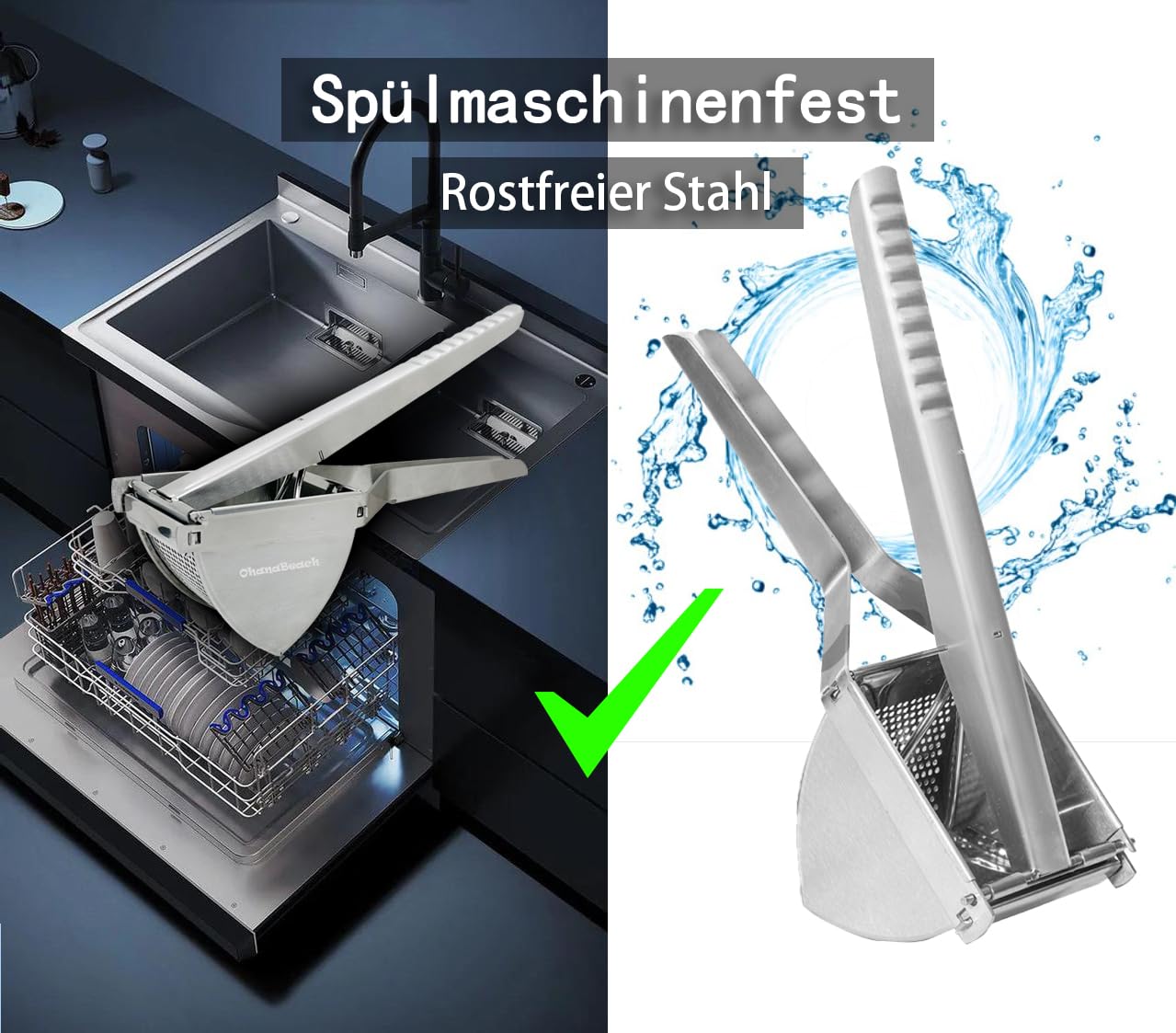 OhanaBeach® Schiacciapatate professionale in acciaio inox. Manico in acciaio spesso. Per schiacciare patate, verdure e frutta。passatelli attrezzo。schiacciapatate acciaio inox。kartoffelpresse