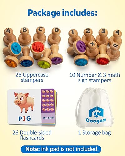 Miniatura 3 de Coogam Tarjeta de madera con sello de números del alfabeto, sellos de letras de ortografía ABC y matemáticas, sellos de números de aprendizaje para