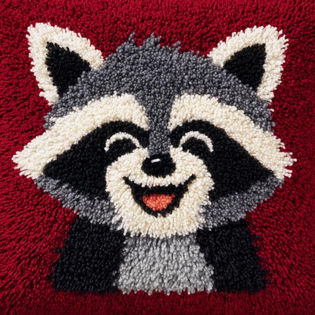 Henypt Latch Hook Kits for Beginners & Adults,Smiling Raccoon 43x43cm DIY Pillow Cover Craft,Easy Crochet Needlework Kit with Full Accessories